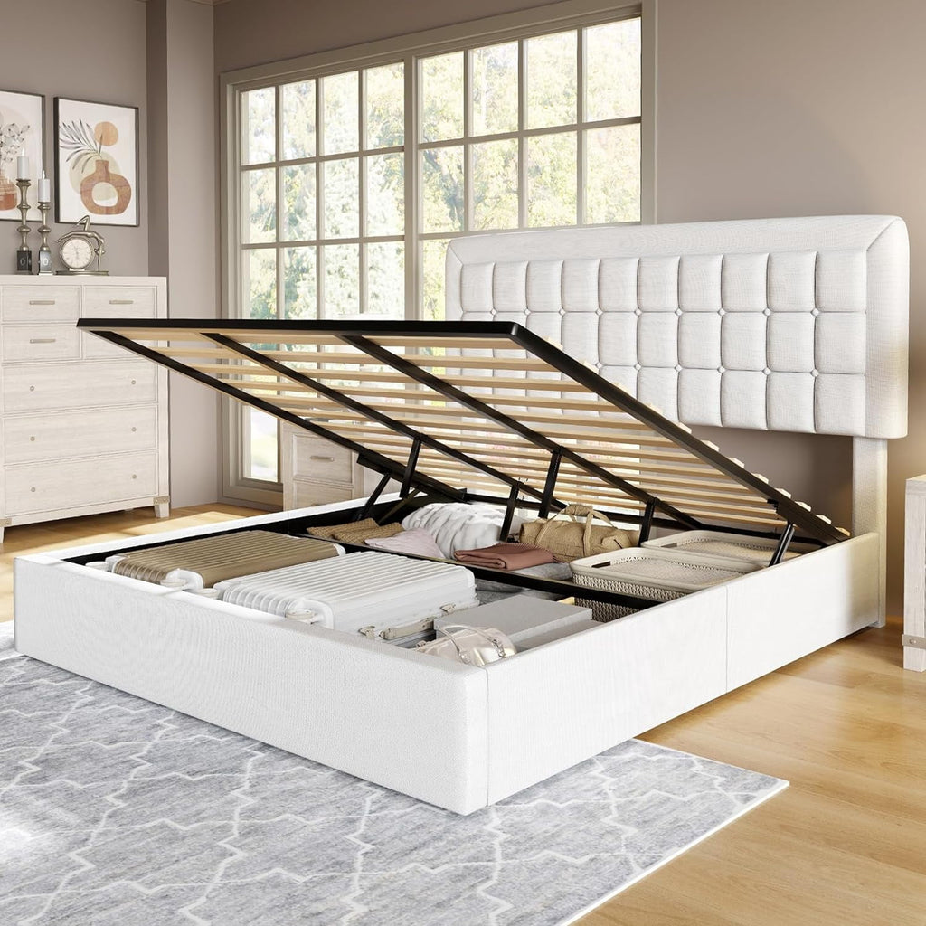 Jocisland King Size Lift Up Storage Bed Frame, Upholstered Platform Bed Frame Button Tufted Headboard/White