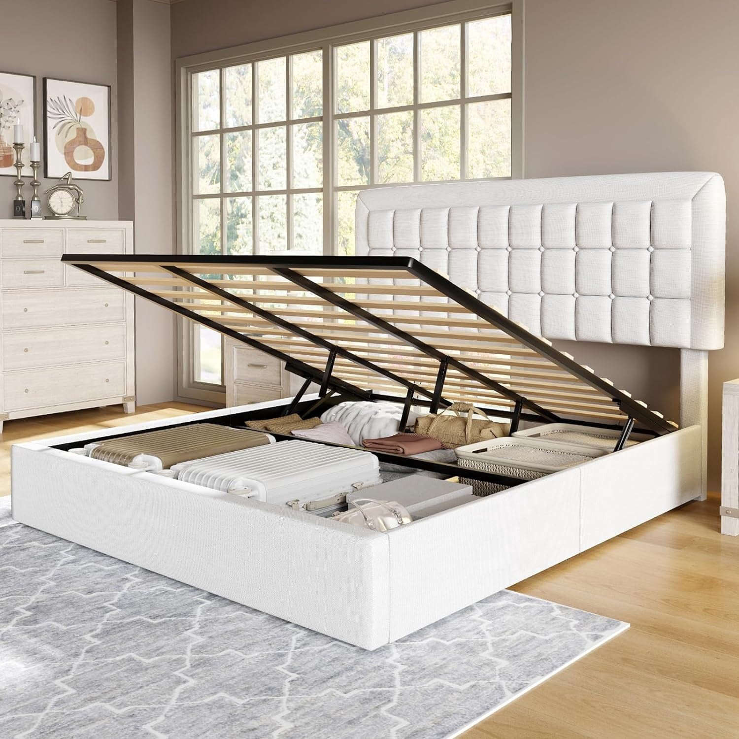 Jocisland King Size Lift Up Storage Bed Frame, Upholstered Platform Bed Frame Button Tufted Headboard/White