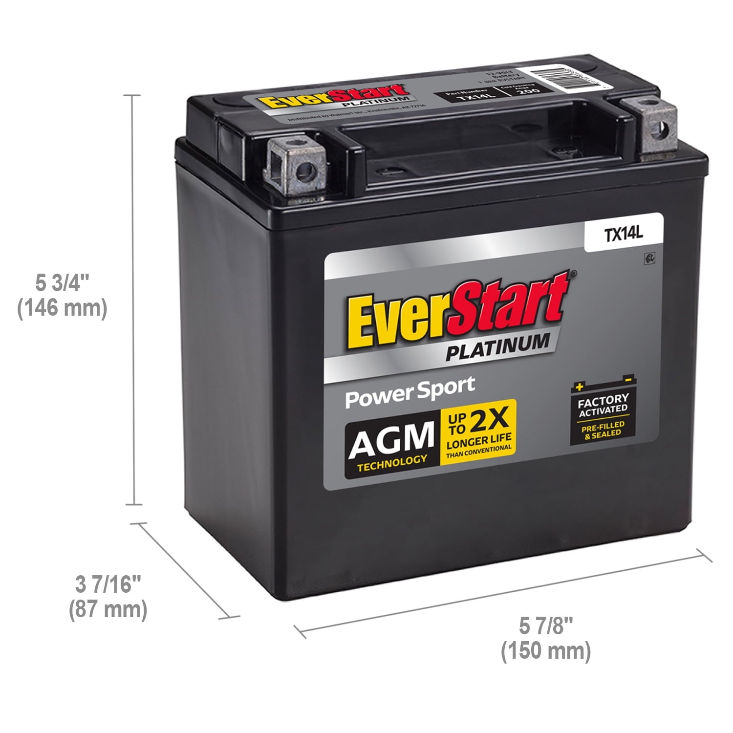 EverStart Premium AGM Power Sport Battery, Group Size TX14L 12 Volt, 200 CCA