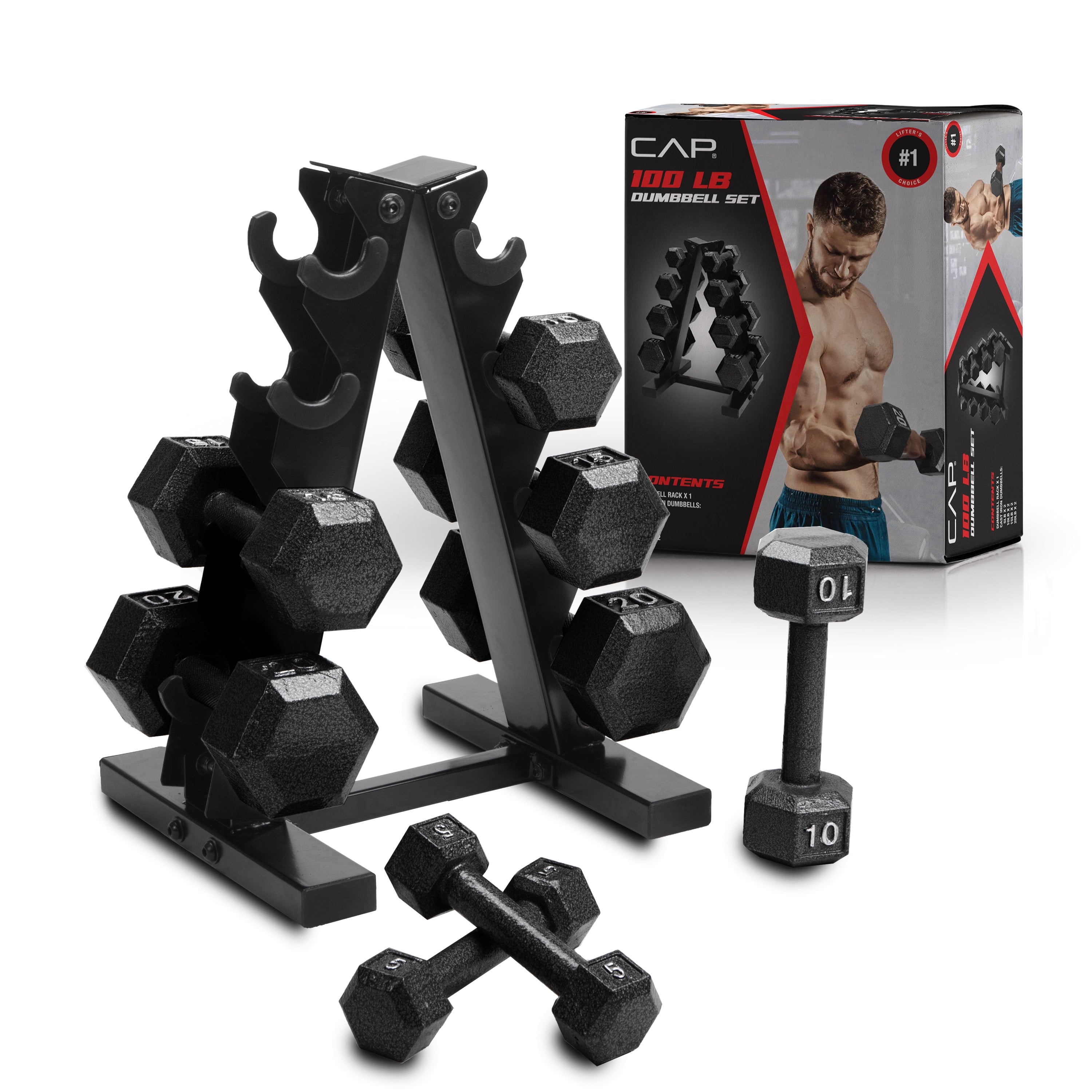 Cap Barbell 100 lb Cast Iron Hex Dumbbell Weight Set with Rack, Black