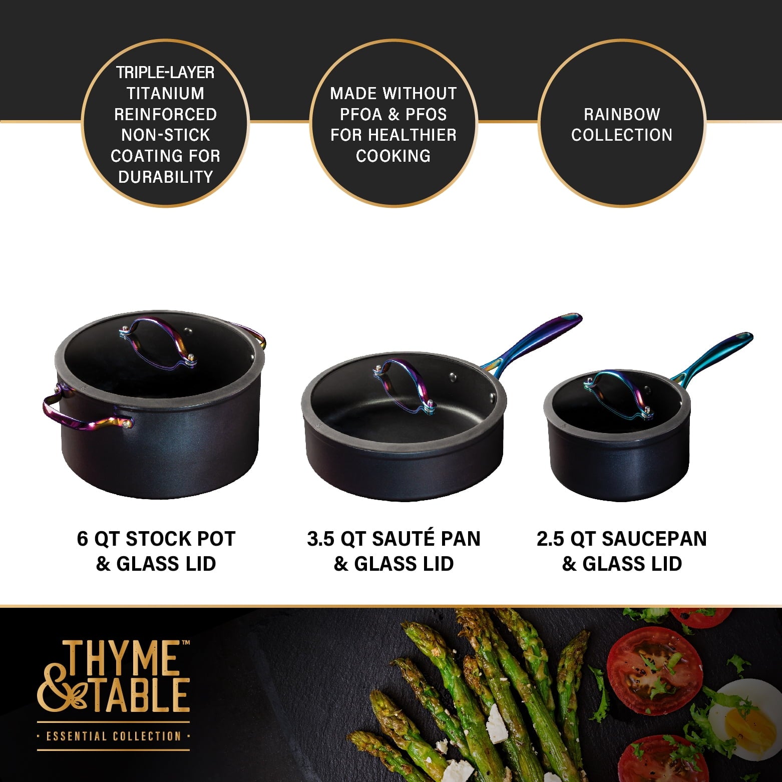 Thyme & Table Non-Stick 12-Piece Signature Cookware Set, Black & Gold