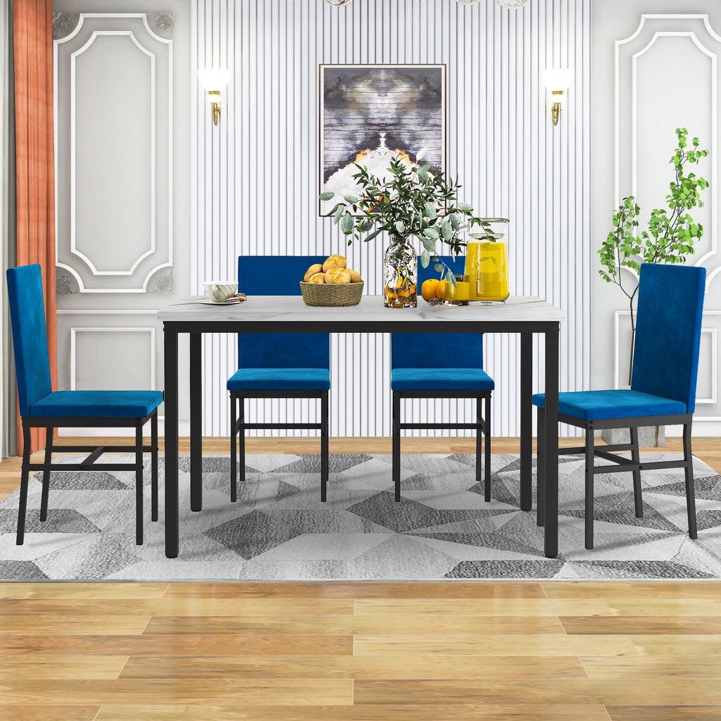 PAPROOS Dining Table Set for 4, Modern 5-Piece Kitchen Table Set with Faux Marble Top and Velvet Upholstery Chairs, Heavy Duty Dinette Sets for Breakfast Nook, Dining Room Table and Chairs, Gray