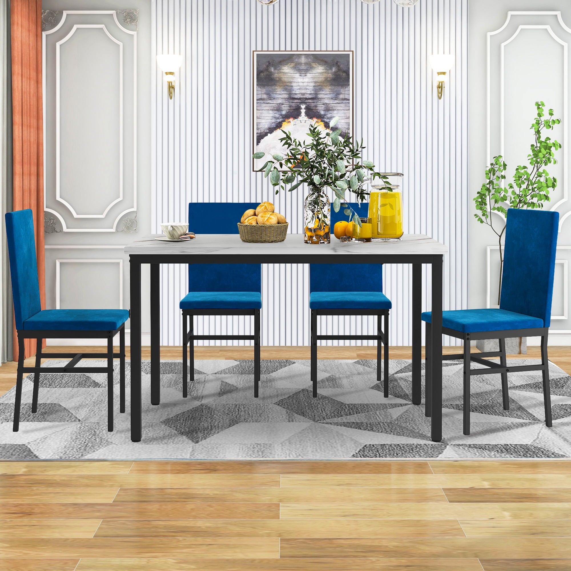 PAPROOS Dining Table Set for 4, Modern 5-Piece Kitchen Table Set with Faux Marble Top and Velvet Upholstery Chairs, Heavy Duty Dinette Sets for Breakfast Nook, Dining Room Table and Chairs, Gray