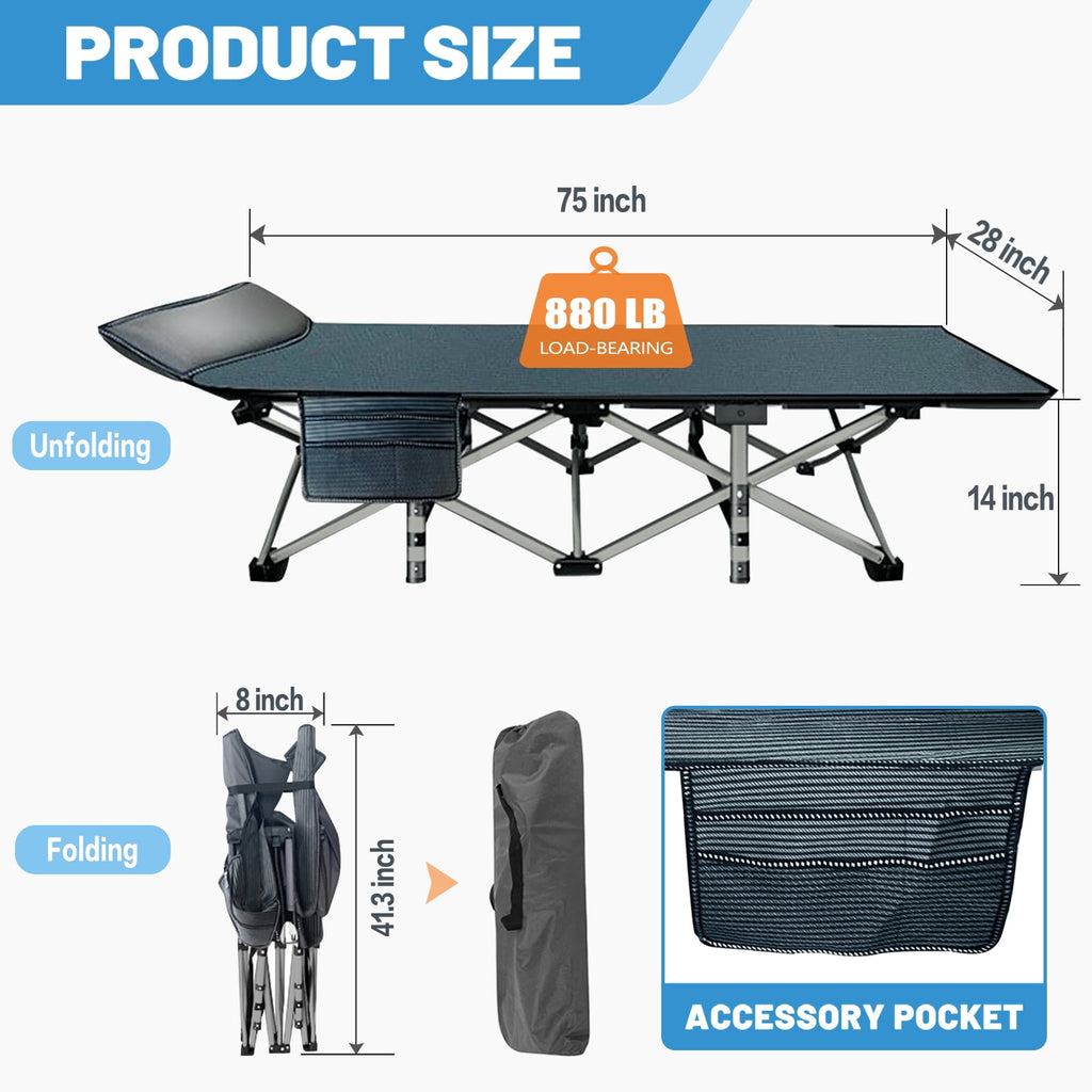 MOPHOTO 75" Portable Folding Bed for Adults, Rollaway Guest Bed Sleeping Cot with Mattress, Heavy Duty Outdoor Camping Cot with Carry Bag