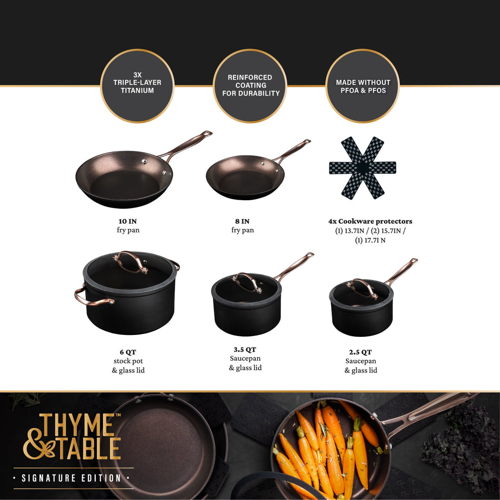 Thyme & Table Non-Stick 12-Piece Signature Cookware Set, Black & Gold