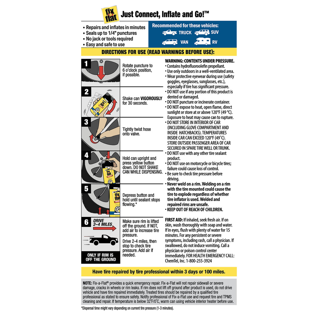 Fix-A-Flat Aerosol Emergency Flat Tire Repair and Inflator, for X-Large Tires, Eco-Friendly Formula, Universal Fit for All Cars, Trucks and SUVs, 24 oz. (Pack of 1)- S60369