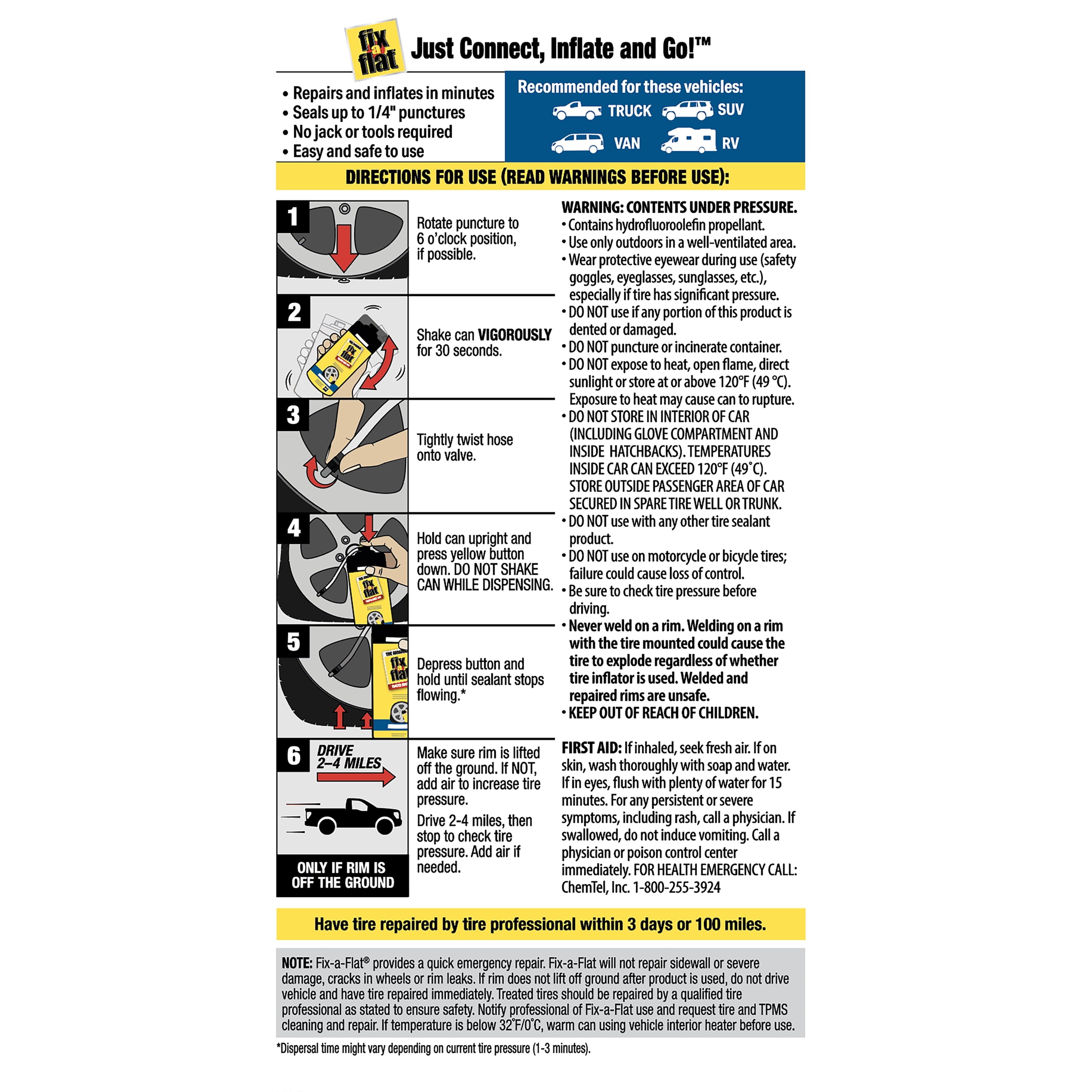 Fix-A-Flat Aerosol Emergency Flat Tire Repair and Inflator, for X-Large Tires, Eco-Friendly Formula, Universal Fit for All Cars, Trucks and SUVs, 24 oz. (Pack of 1)- S60369