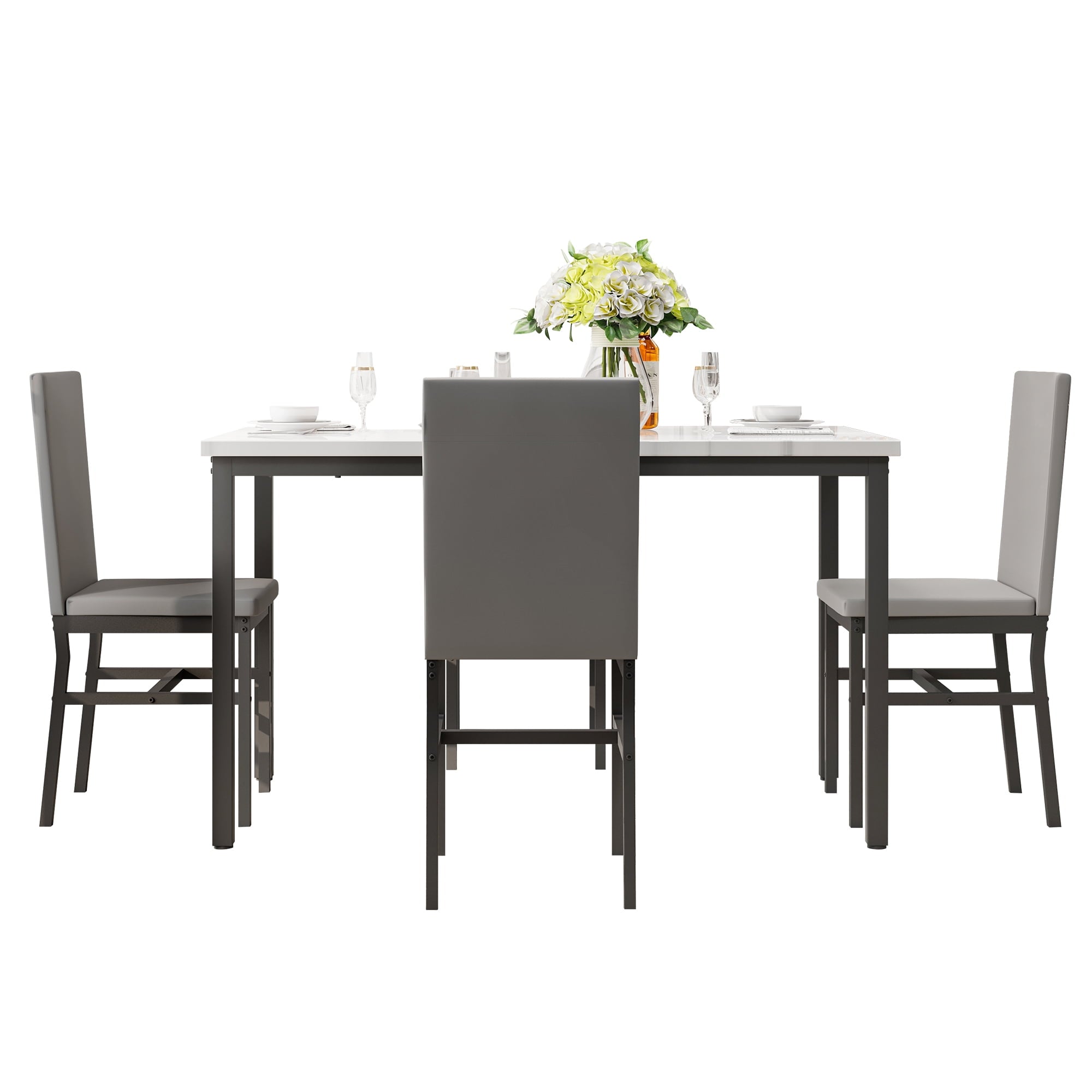 PAPROOS Dining Table Set for 4, Modern 5-Piece Kitchen Table Set with Faux Marble Top and Velvet Upholstery Chairs, Heavy Duty Dinette Sets for Breakfast Nook, Dining Room Table and Chairs, Gray