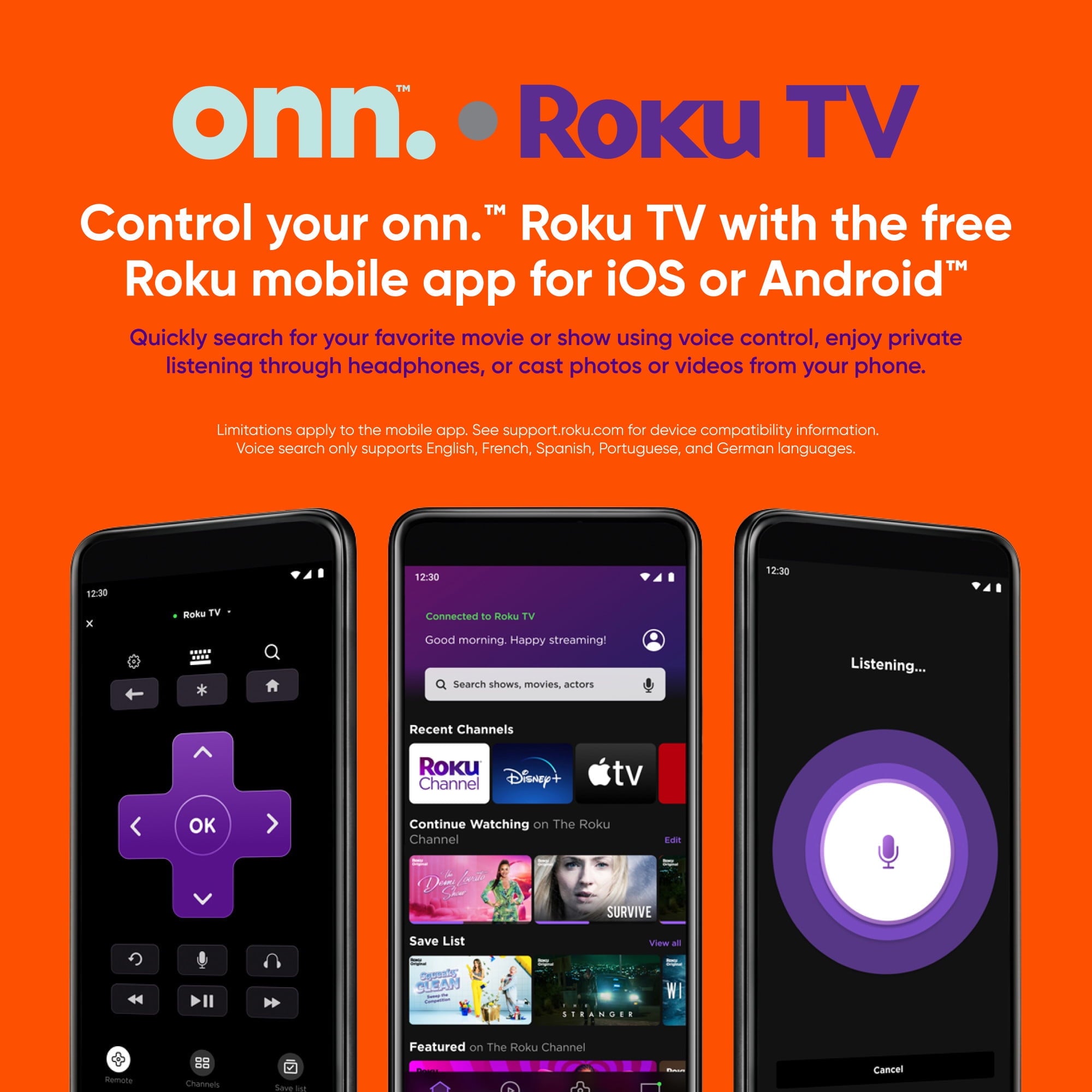 onn. 65” Class 4K UHD (2160P) LED Roku Smart Television HDR (100012587)
