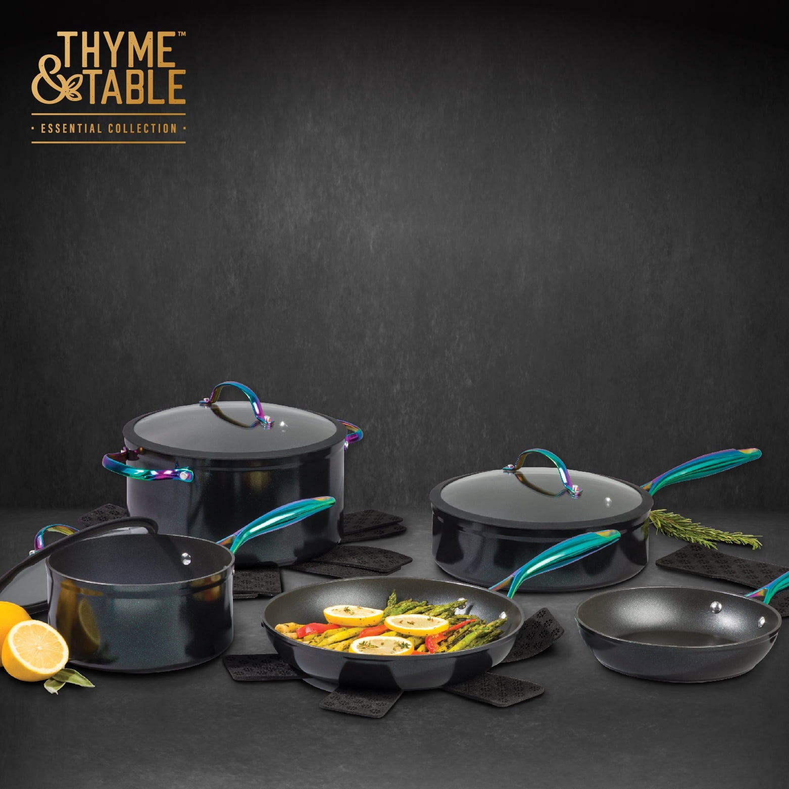 Thyme & Table Non-Stick 12-Piece Signature Cookware Set, Black & Gold