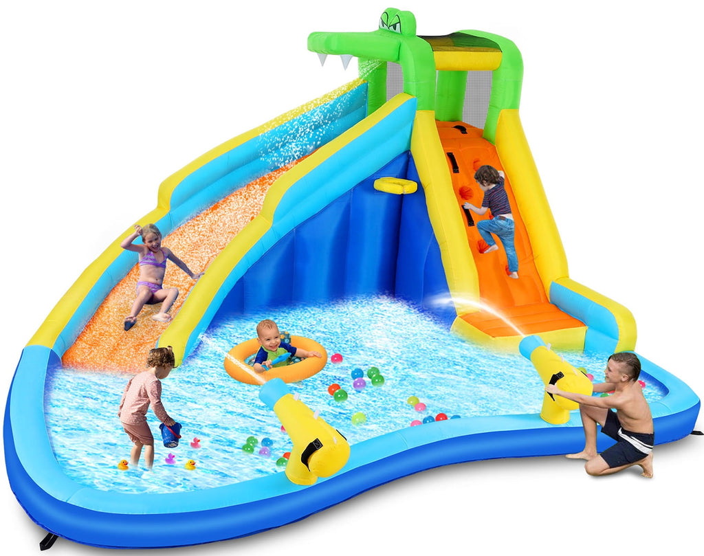 Inflatable Bounce House with Spray Pool, 2 Water Guns, Climbing Wall, Basketball Hoop, and Inflatable Water Slide with UL Air Blower, (Gift for Kids), Polyester, Child, Teen, Toddler
