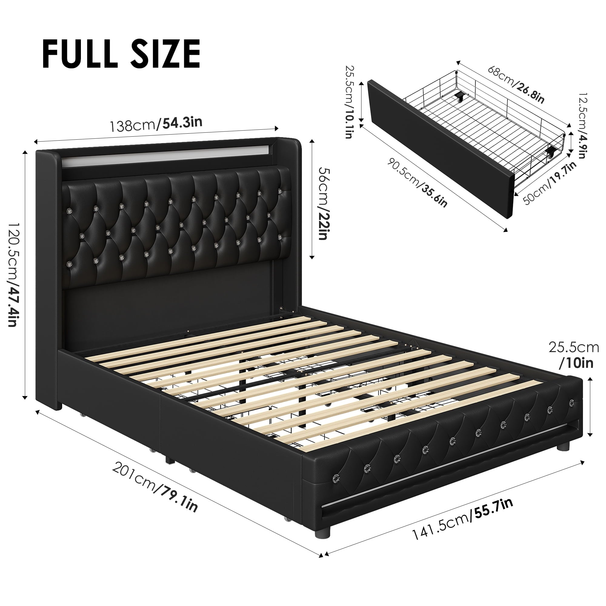 Homfa King Size LED Bed Frame with 4 Storage Drawers, Modern Wingback Crystal Button Tufted Upholstered Platform Bed Frame with Outlets and USB Ports & Display Platform, Beige