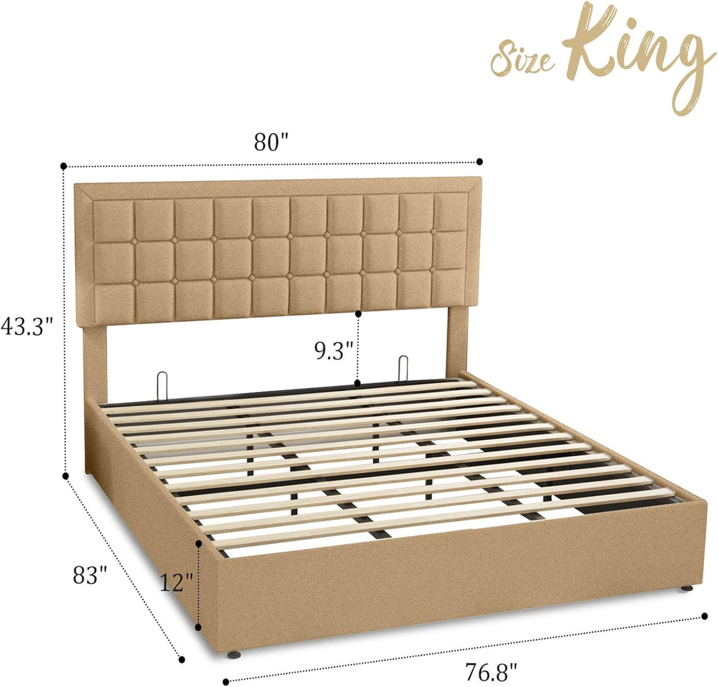 Jocisland King Size Lift Up Storage Bed Frame, Upholstered Platform Bed Frame Button Tufted Headboard/White
