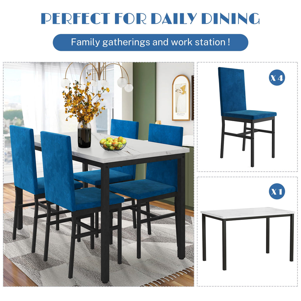 PAPROOS Dining Table Set for 4, Modern 5-Piece Kitchen Table Set with Faux Marble Top and Velvet Upholstery Chairs, Heavy Duty Dinette Sets for Breakfast Nook, Dining Room Table and Chairs, Gray