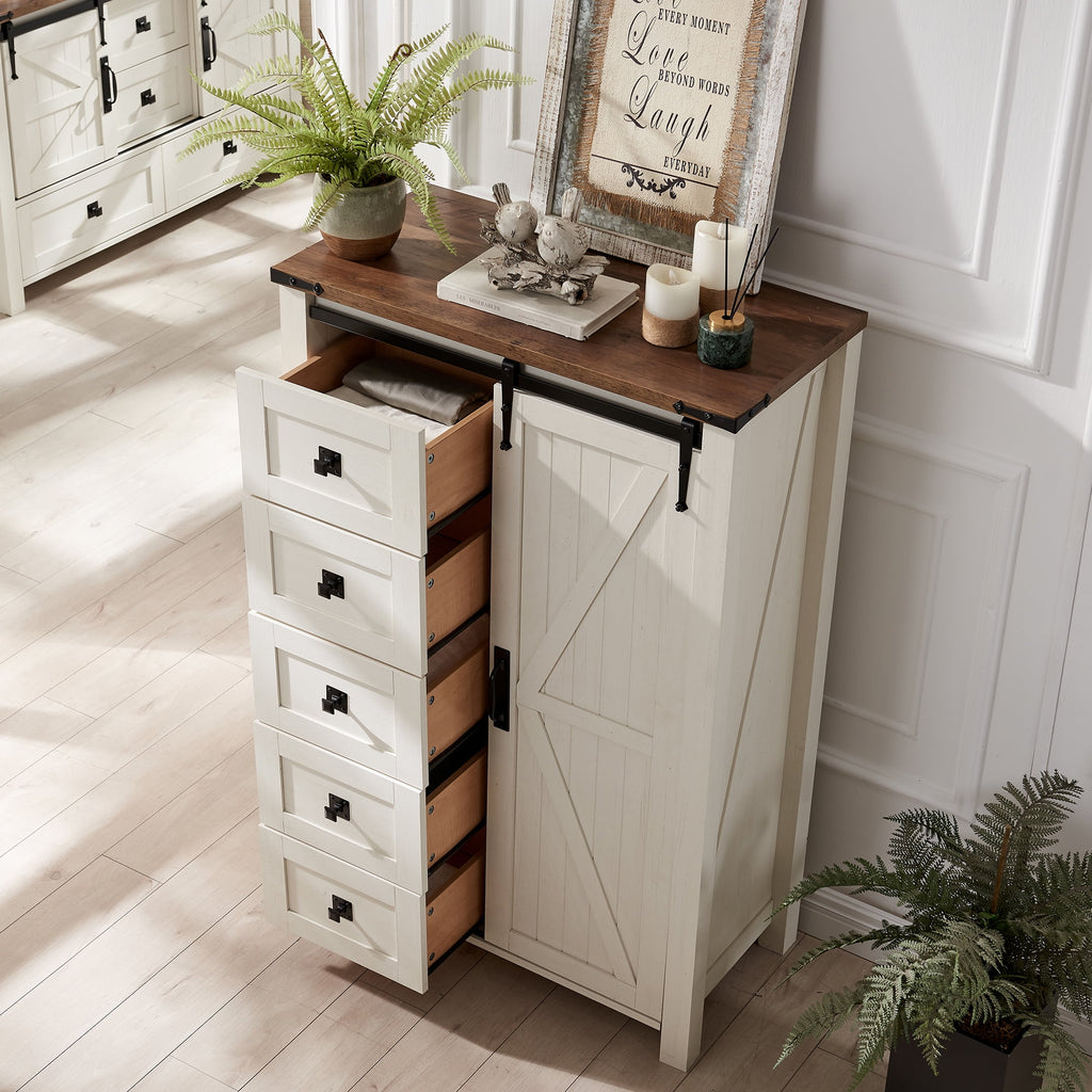 OKD Modern Farmhouse 5-Drawer Dresser with Barn Door, Adjustable Storage Cabinet for Bedroom Living Room, Light Rustic Oak