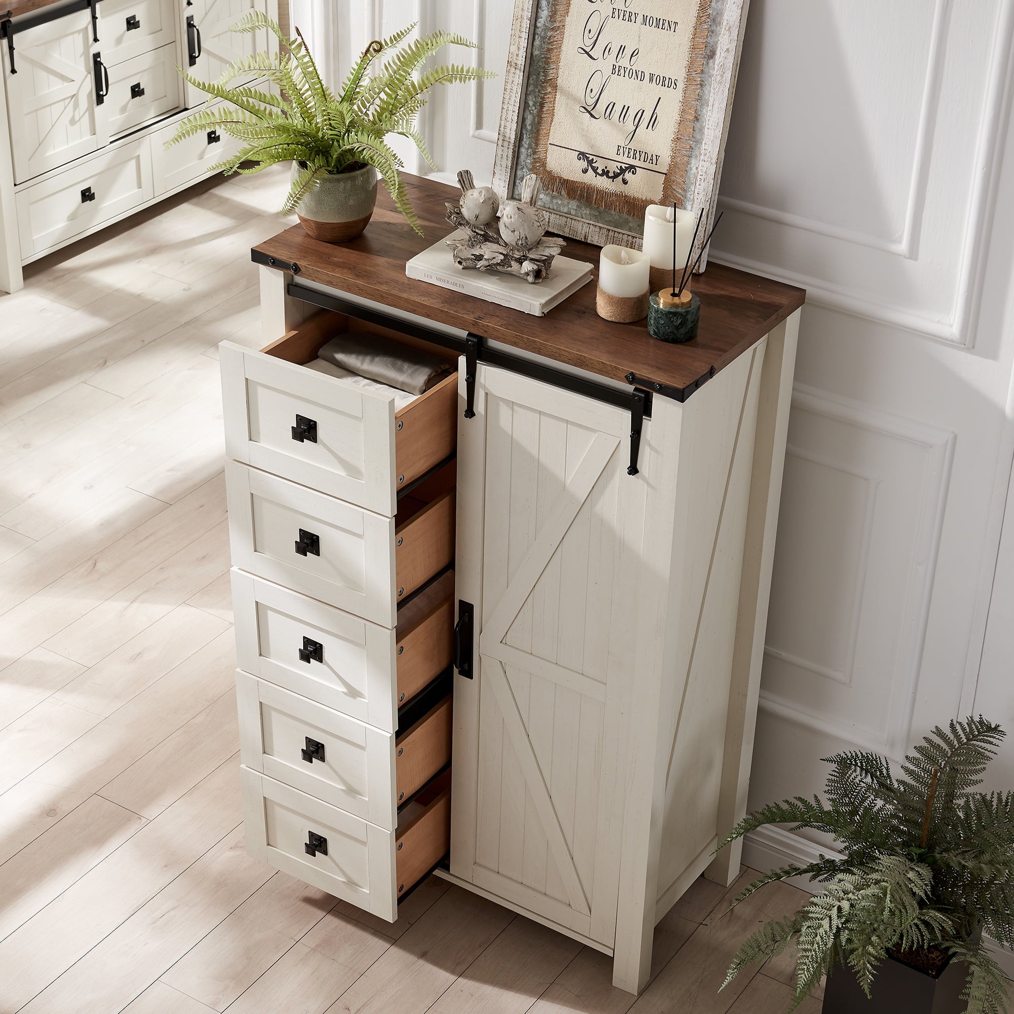 OKD Modern Farmhouse 5-Drawer Dresser with Barn Door, Adjustable Storage Cabinet for Bedroom Living Room, Light Rustic Oak