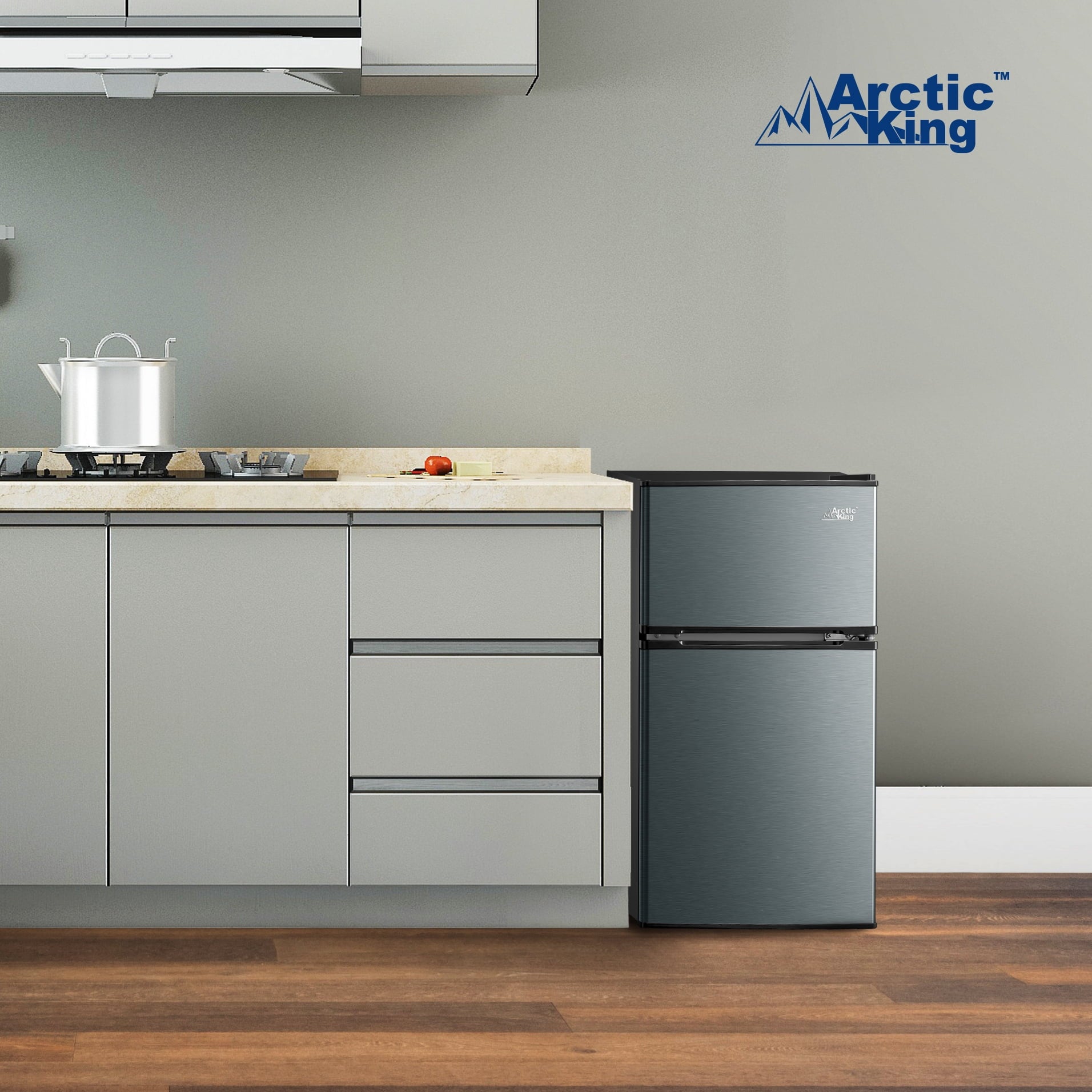 Arctic King 3.2 Cu ft Two Door Compact Refrigerator with Freezer, Stainless Steel, E-star