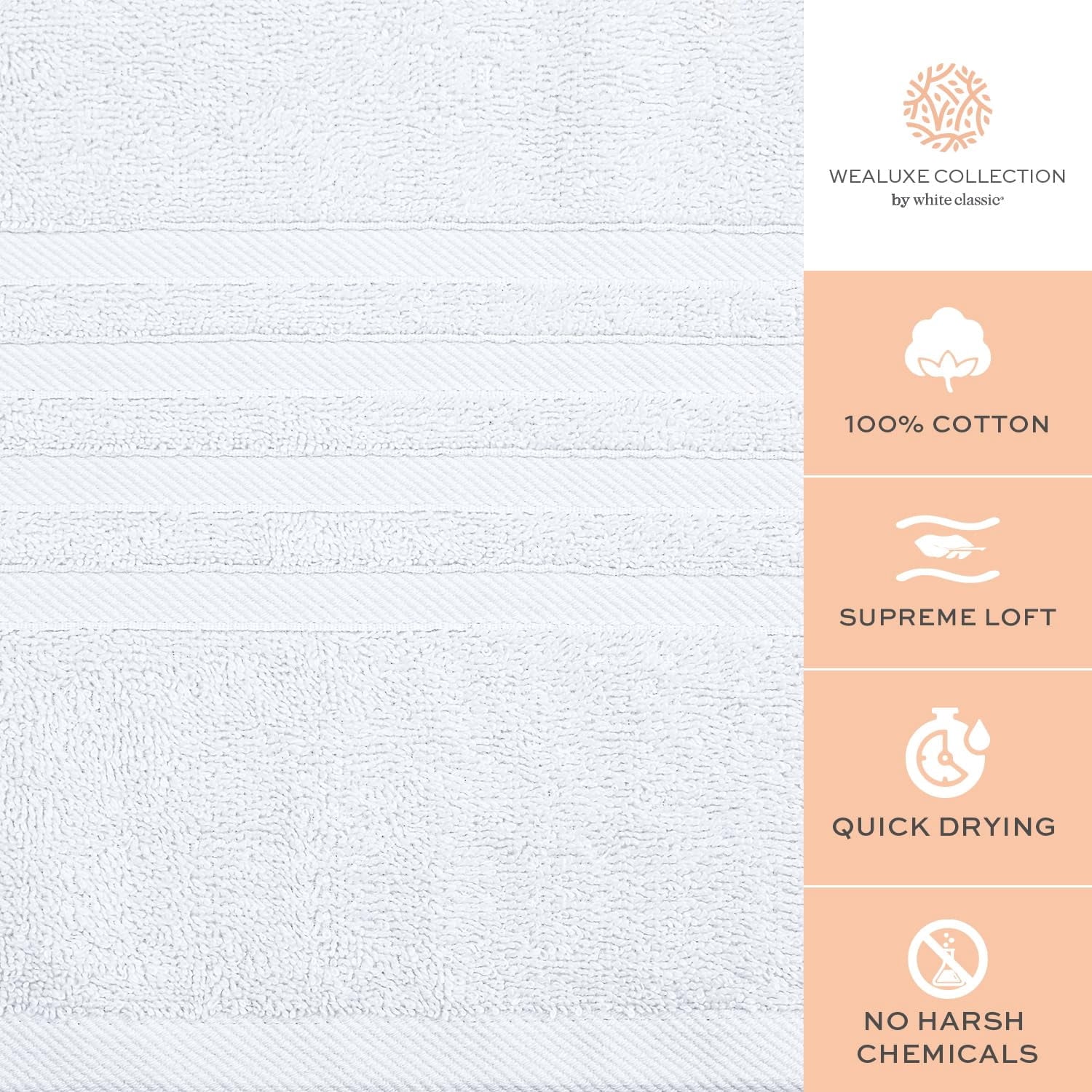 Wealuxe Cotton Bath Towels - 24x50 Inch - Lightweight Soft and Absorbent Gym Pool Towel - 6 Pack - White