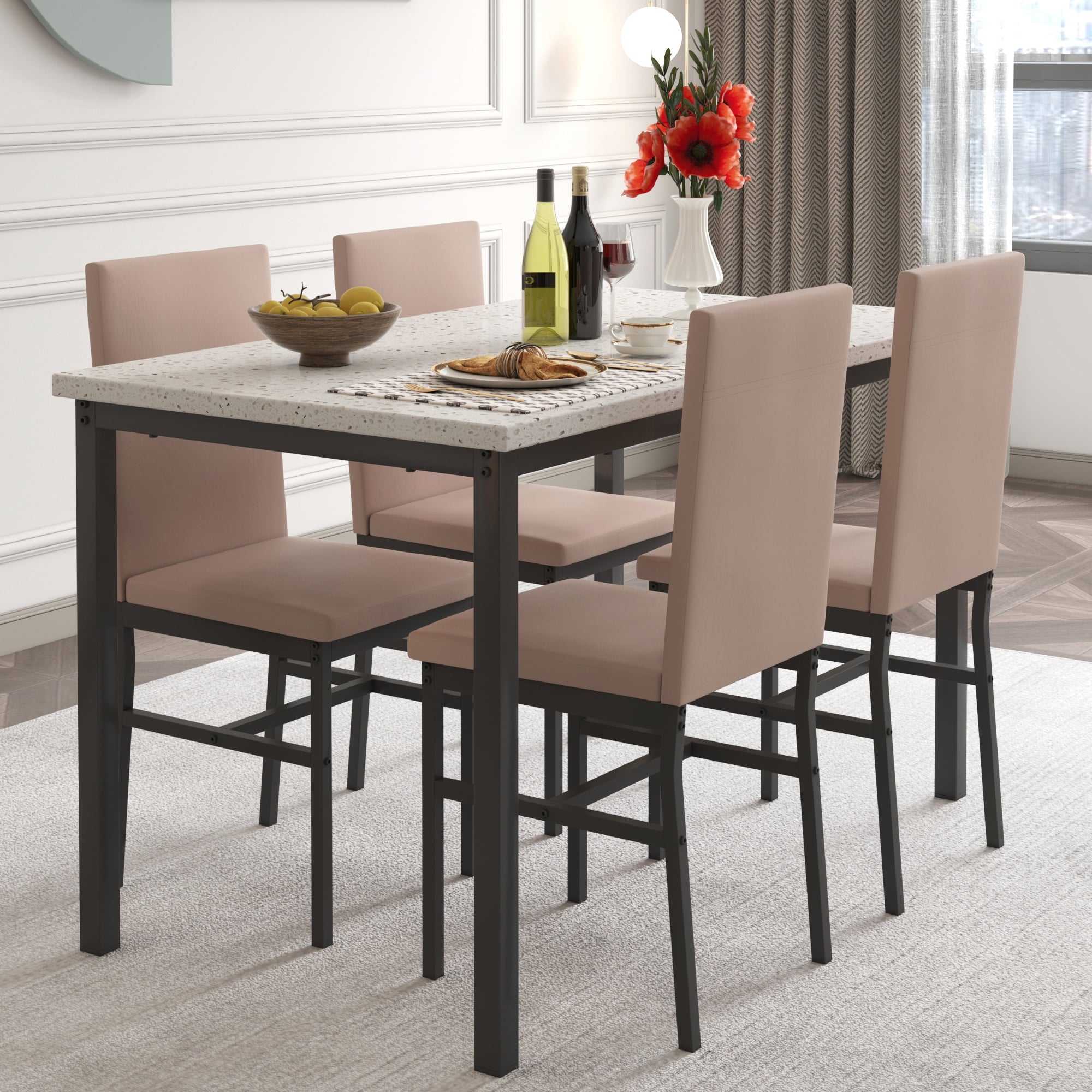 PAPROOS Dining Table Set for 4, Modern 5-Piece Kitchen Table Set with Faux Marble Top and Velvet Upholstery Chairs, Heavy Duty Dinette Sets for Breakfast Nook, Dining Room Table and Chairs, Gray