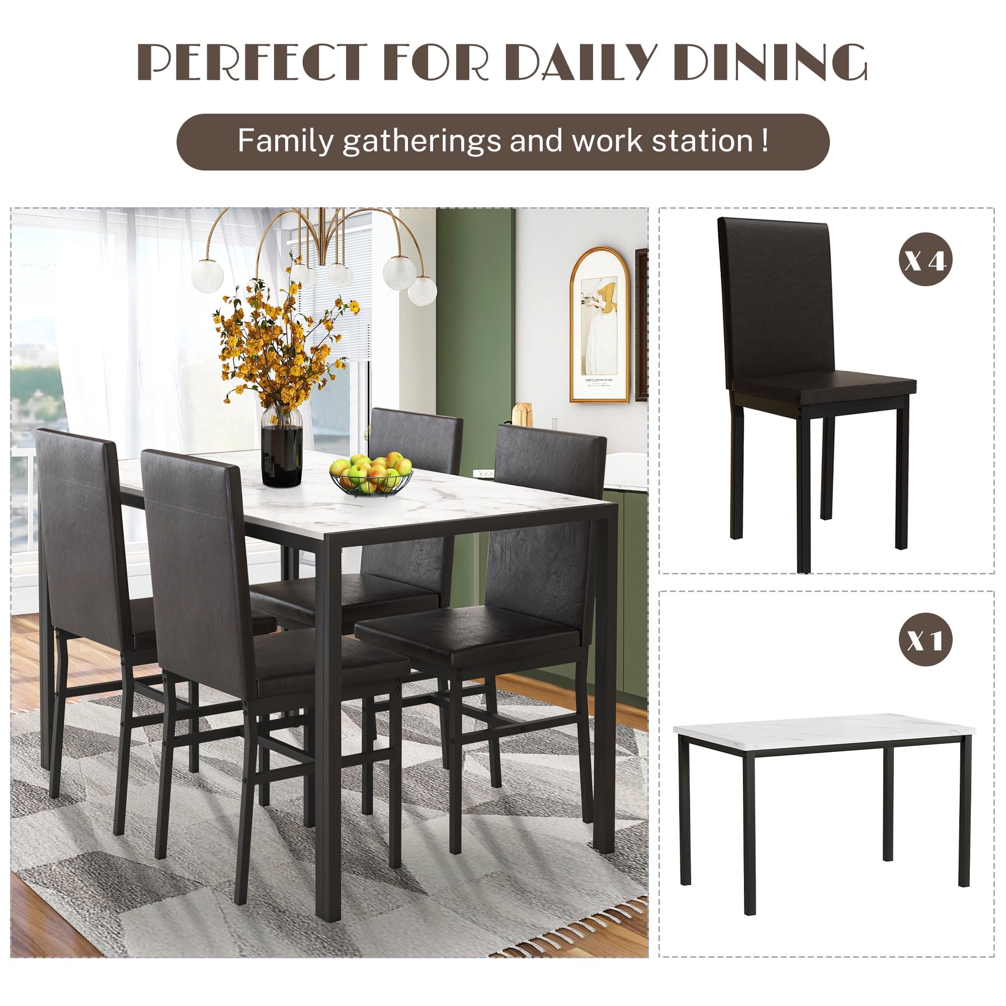 PAPROOS Dining Table Set for 4, Modern 5-Piece Kitchen Table Set with Faux Marble Top and Velvet Upholstery Chairs, Heavy Duty Dinette Sets for Breakfast Nook, Dining Room Table and Chairs, Gray