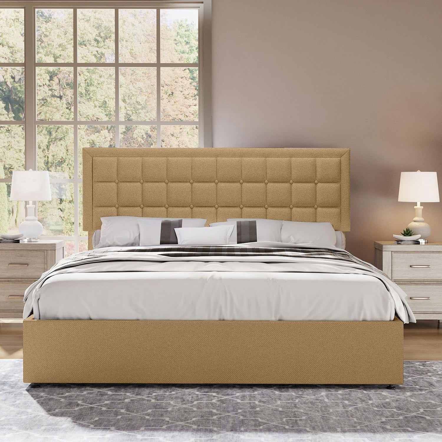 Jocisland King Size Lift Up Storage Bed Frame, Upholstered Platform Bed Frame Button Tufted Headboard/White