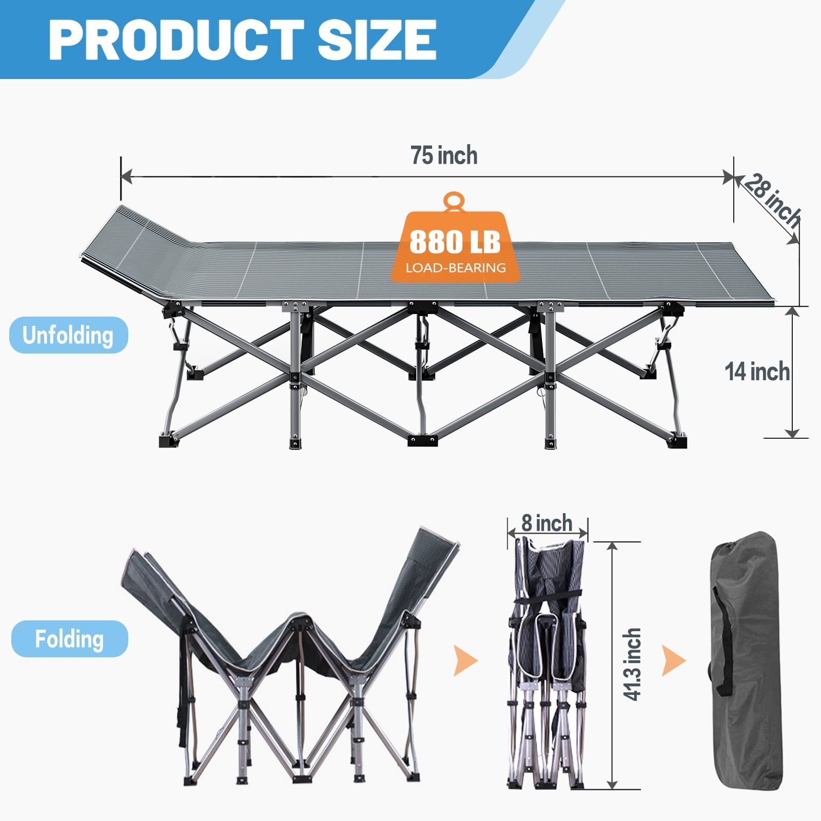 MOPHOTO 75" Portable Folding Bed for Adults, Rollaway Guest Bed Sleeping Cot with Mattress, Heavy Duty Outdoor Camping Cot with Carry Bag