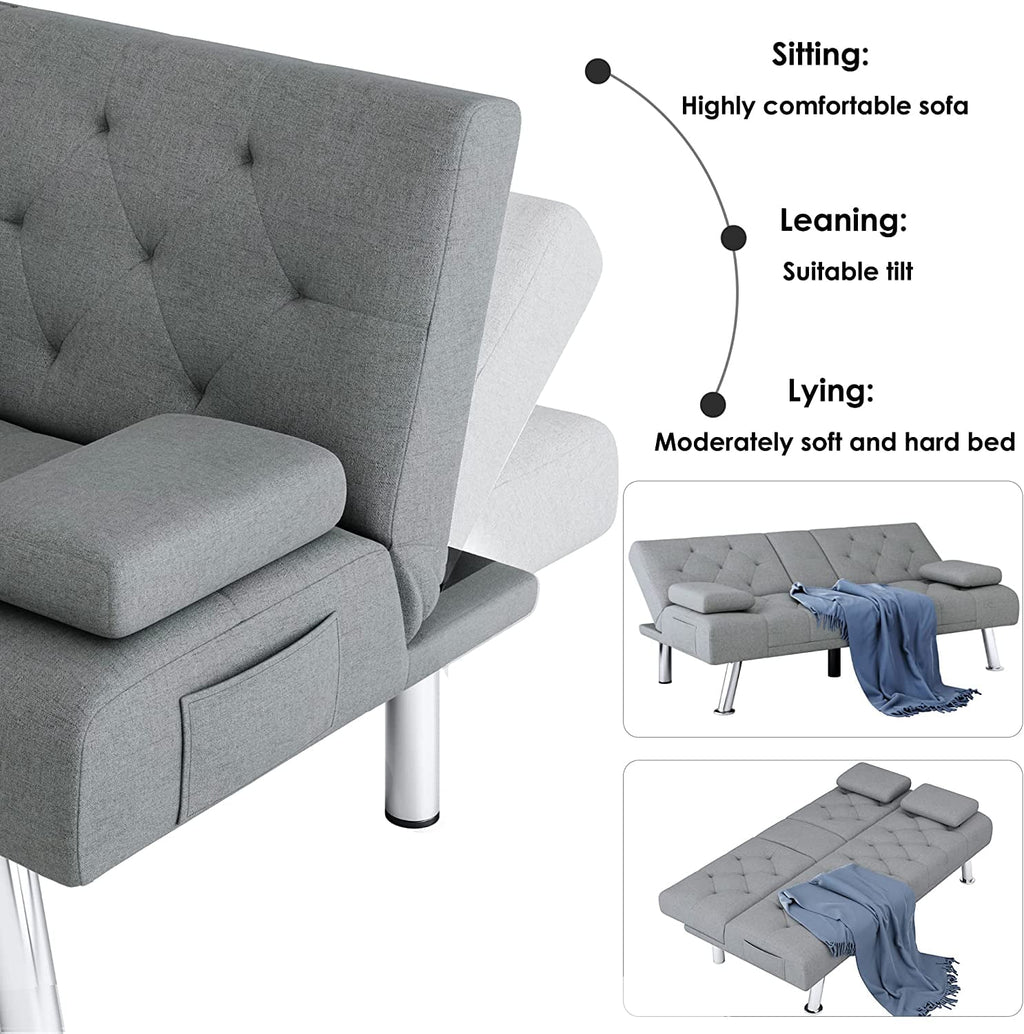 Homfa Convertible Futon Sofa Bed, 66.3'' Upholstered Removable Armrests,Gray Finish