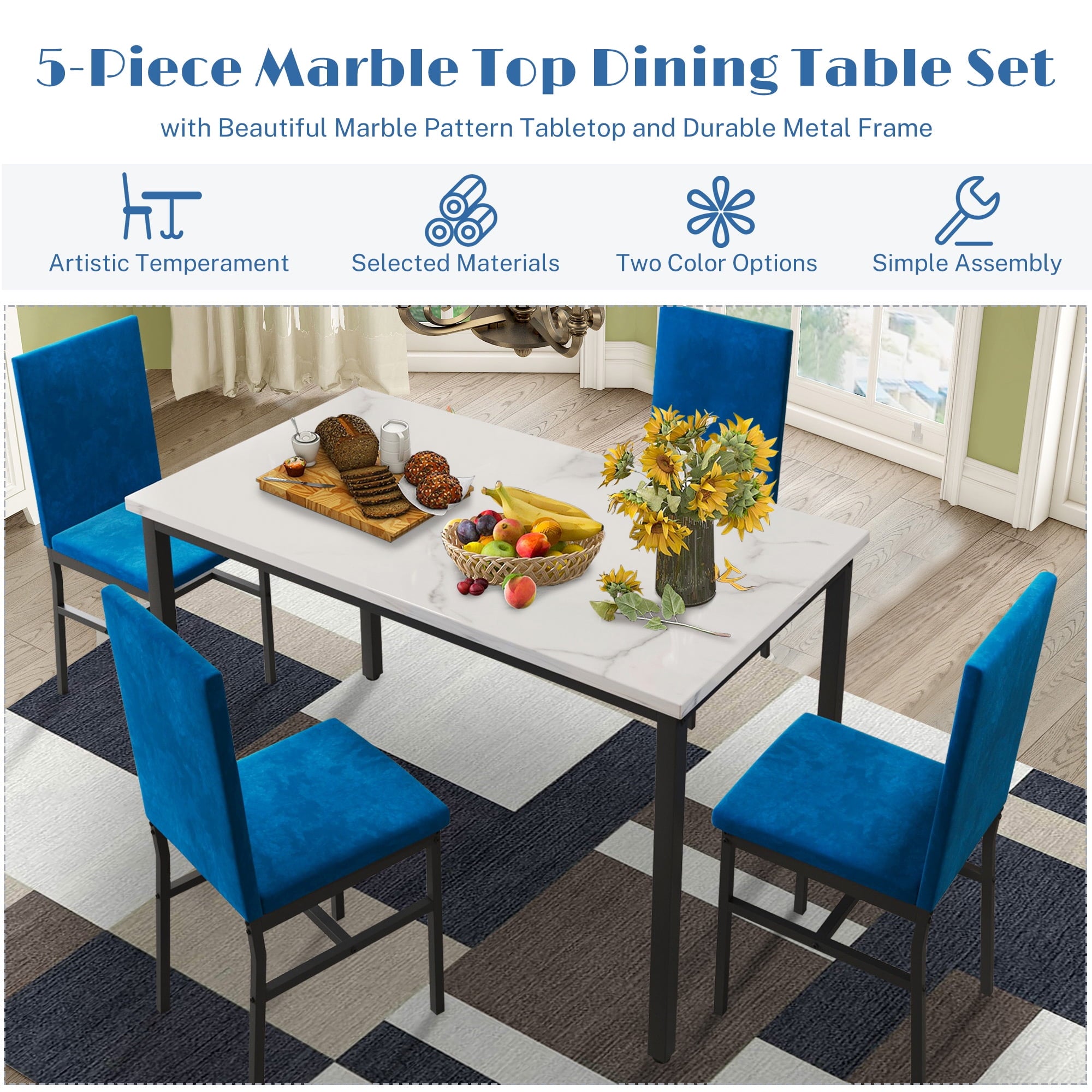 PAPROOS Dining Table Set for 4, Modern 5-Piece Kitchen Table Set with Faux Marble Top and Velvet Upholstery Chairs, Heavy Duty Dinette Sets for Breakfast Nook, Dining Room Table and Chairs, Gray