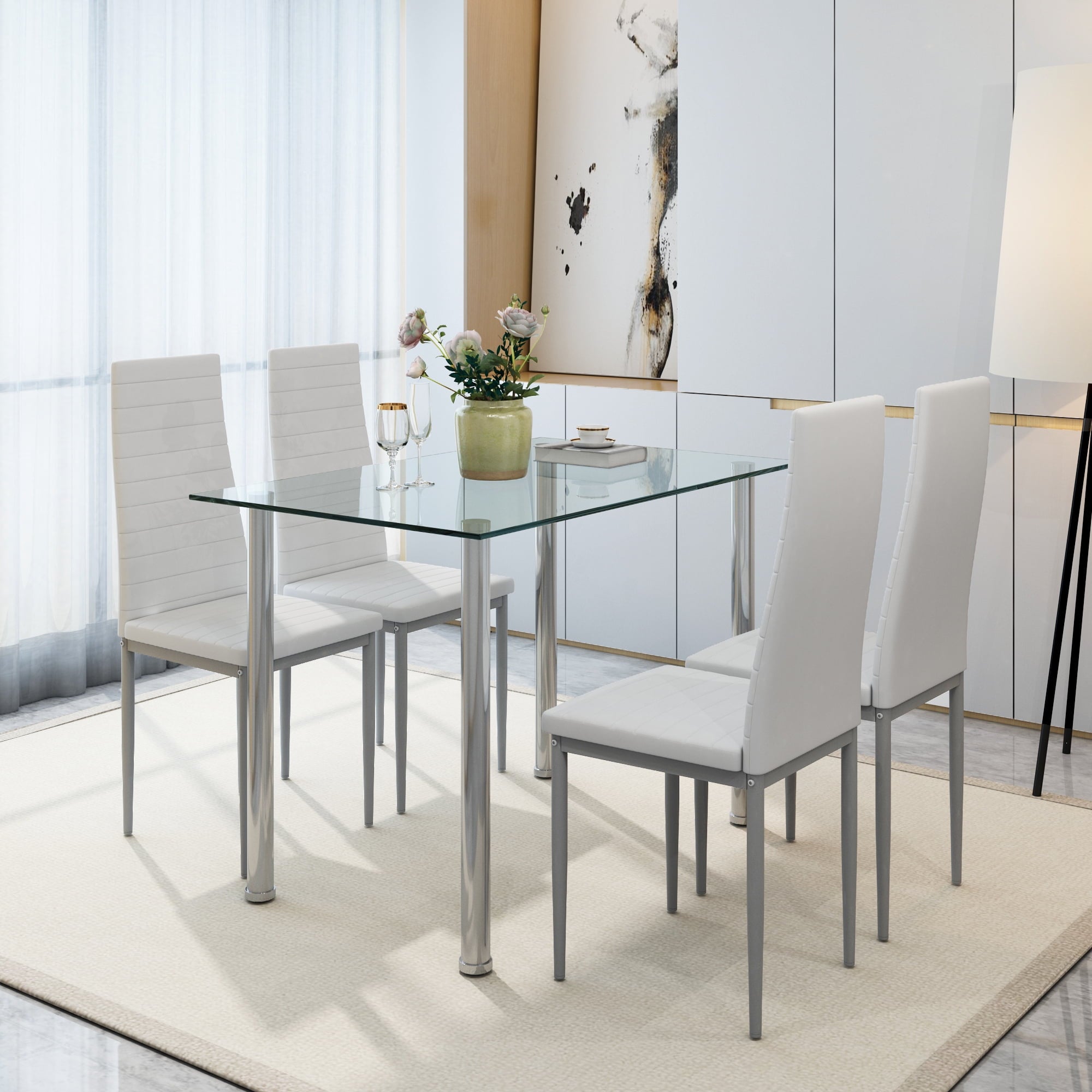 PAPROOS Dining Table Set for 4, Modern 5-Piece Kitchen Table Set with Faux Marble Top and Velvet Upholstery Chairs, Heavy Duty Dinette Sets for Breakfast Nook, Dining Room Table and Chairs, Gray