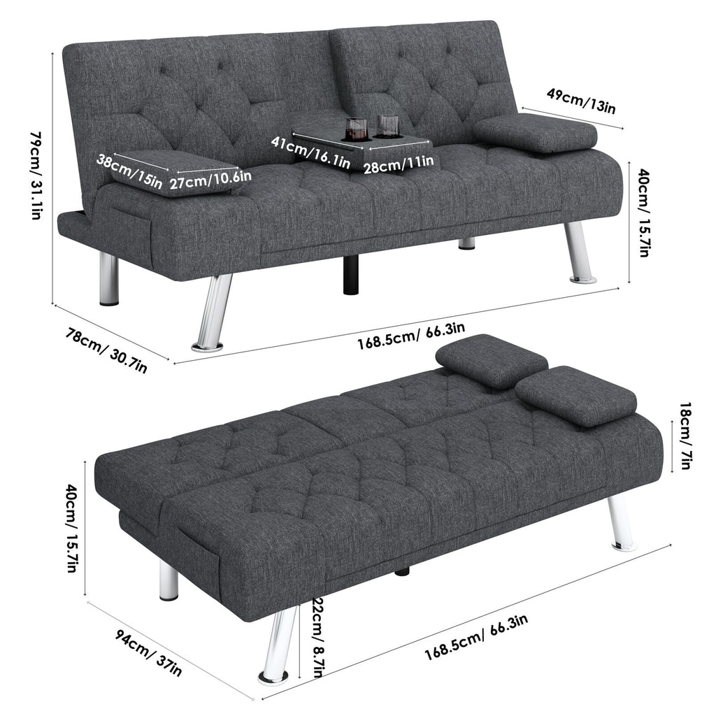 Homfa Convertible Futon Sofa Bed, 66.3'' Upholstered Removable Armrests,Gray Finish