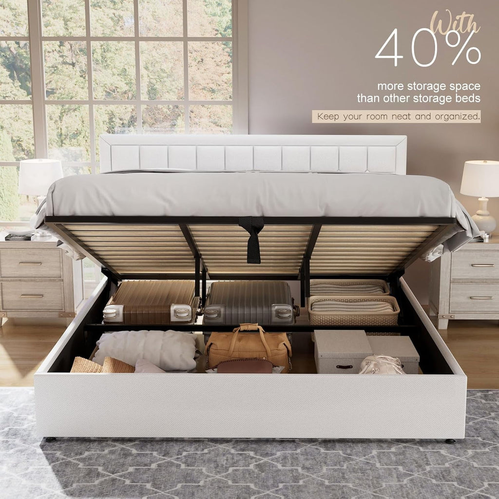 Jocisland King Size Lift Up Storage Bed Frame, Upholstered Platform Bed Frame Button Tufted Headboard/White