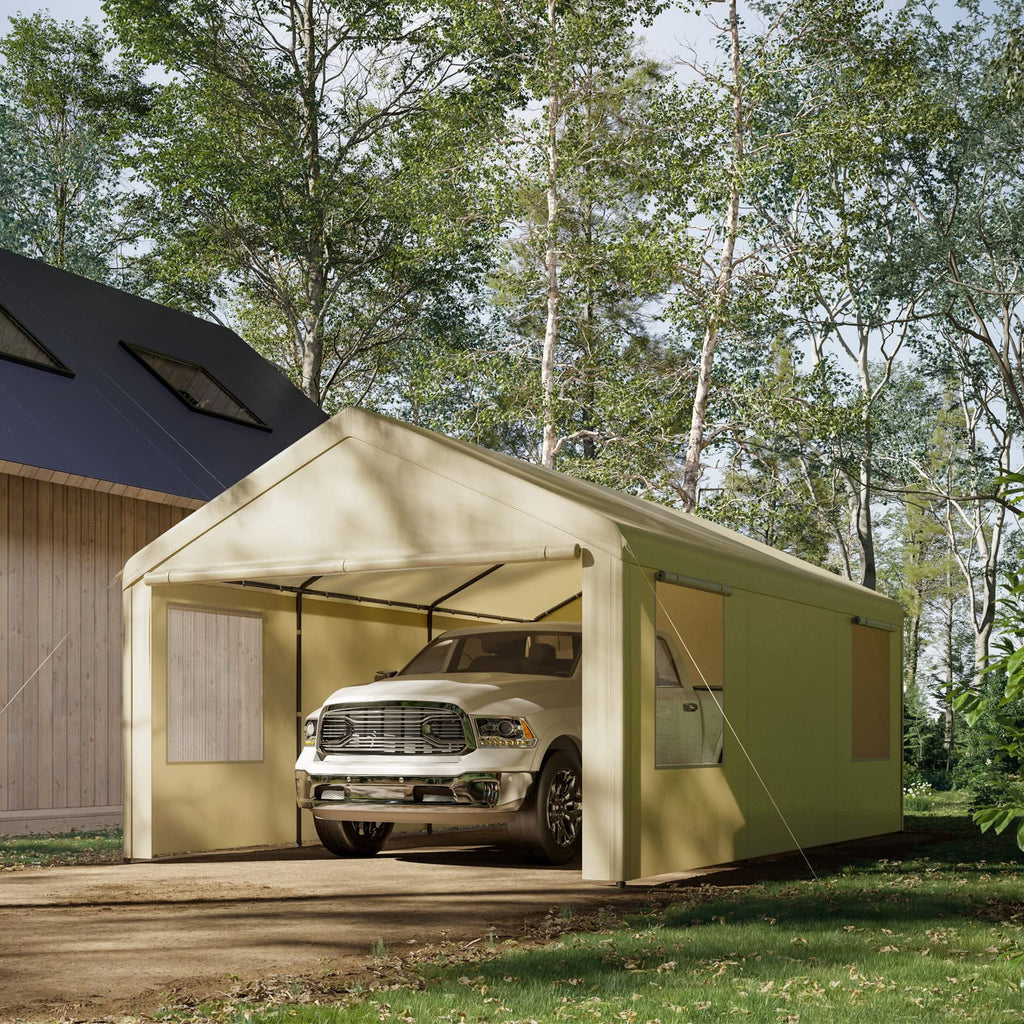 Gardesol Carport, 12'x20' Extra Large Heavy Duty Carport with Removable Sidewalls & Doors, Portable Garage Car Canopy for Car, Truck, SUV, Beige