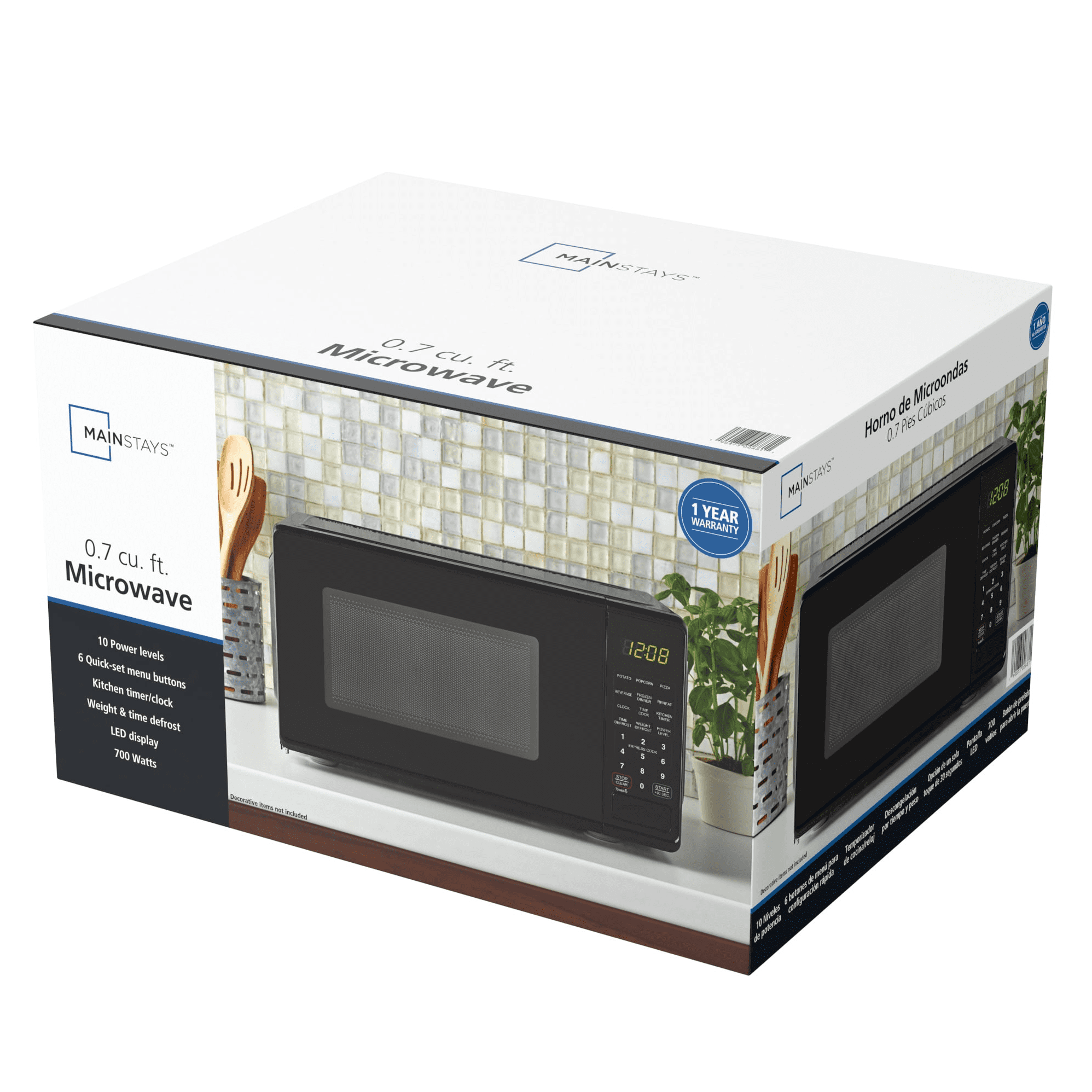 Mainstays 0.7 cu. ft. Countertop Microwave Oven, 700 Watts, White, New