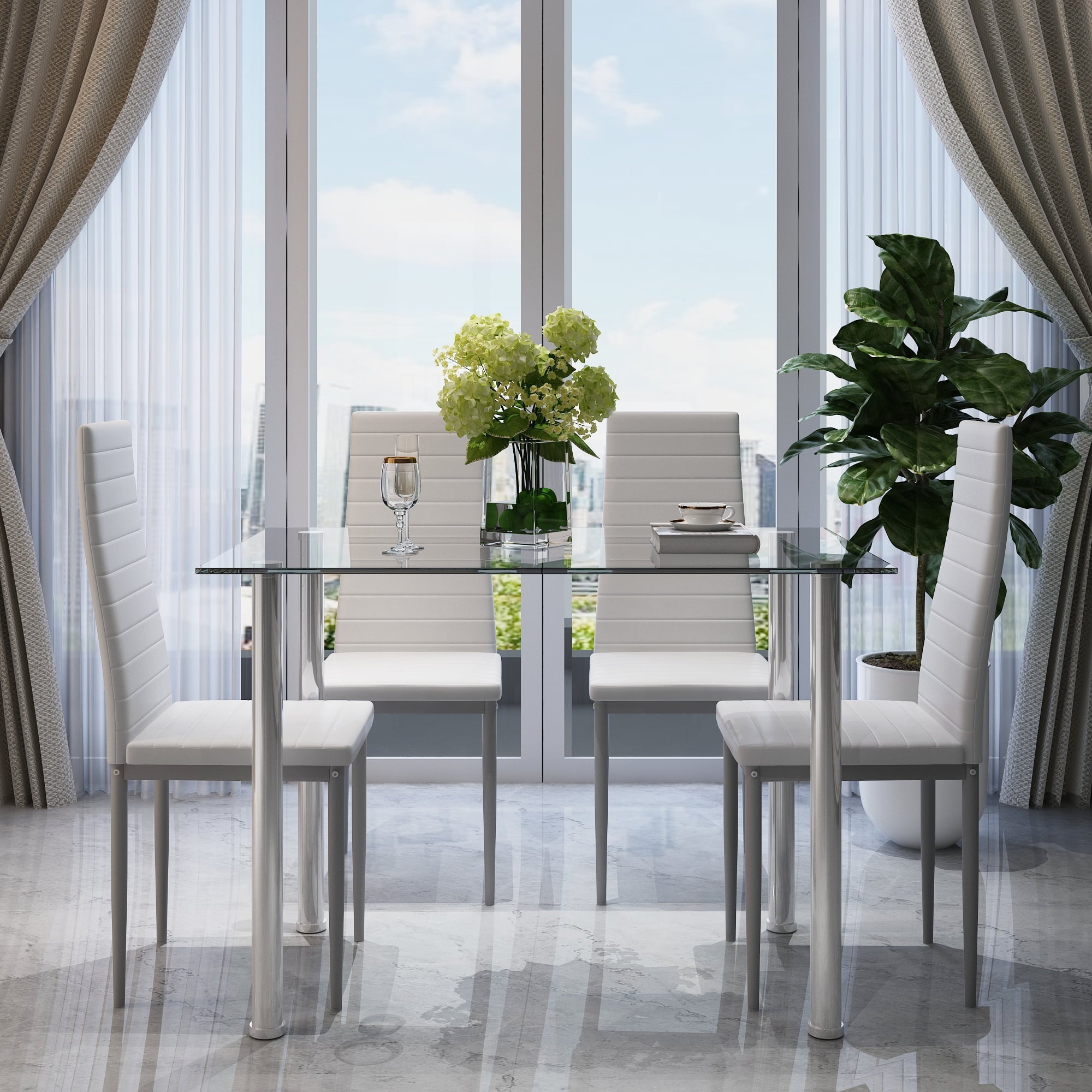 PAPROOS Dining Table Set for 4, Modern 5-Piece Kitchen Table Set with Faux Marble Top and Velvet Upholstery Chairs, Heavy Duty Dinette Sets for Breakfast Nook, Dining Room Table and Chairs, Gray