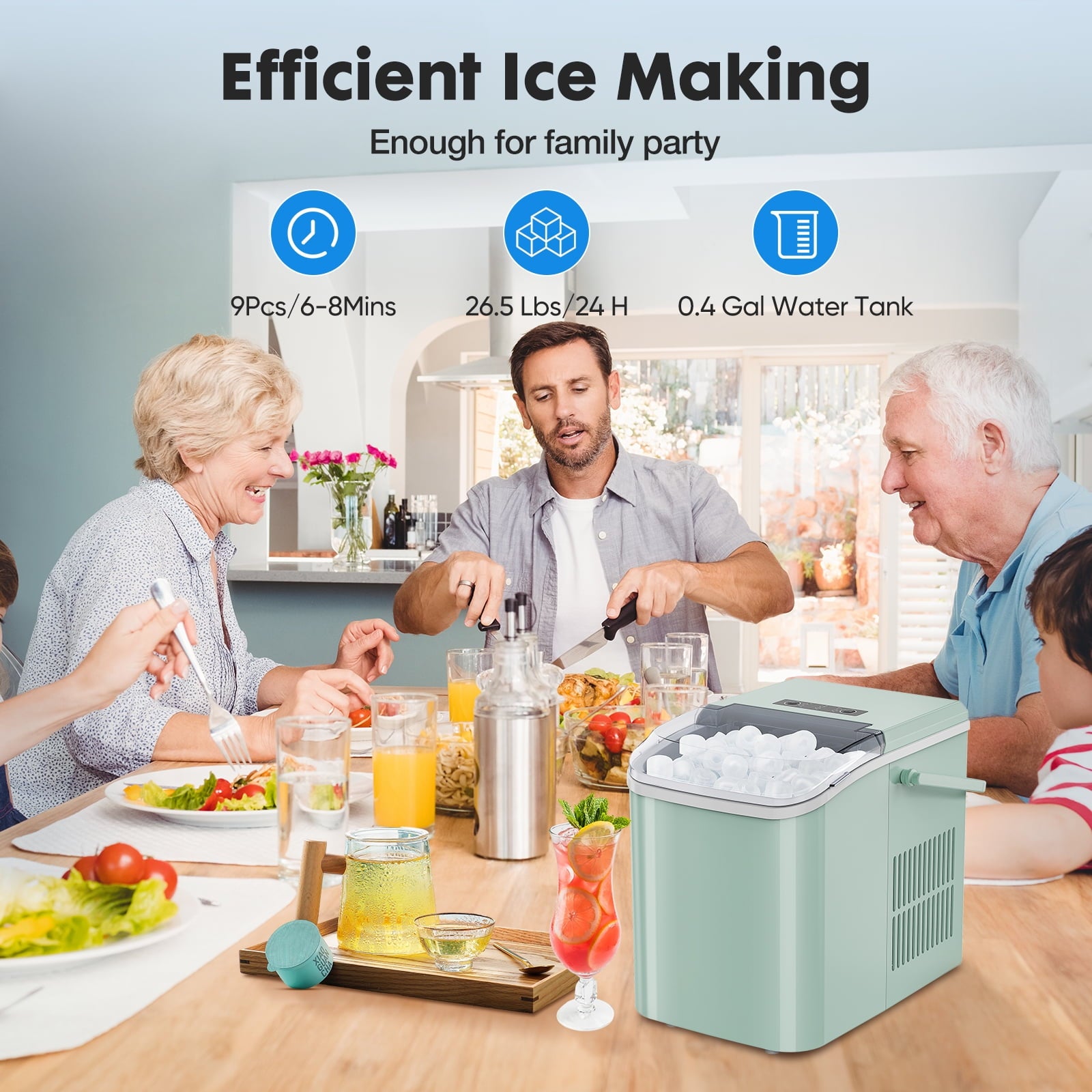 EDX Countertop Ice Maker, Self-Cleaning Portable Ice Maker Machine with Handle and Ice Scoop, Bullet Ice Cubes, 9Pcs/6Min 26.5Lbs/24H for Home/Kitchen/Bar/Party, Black