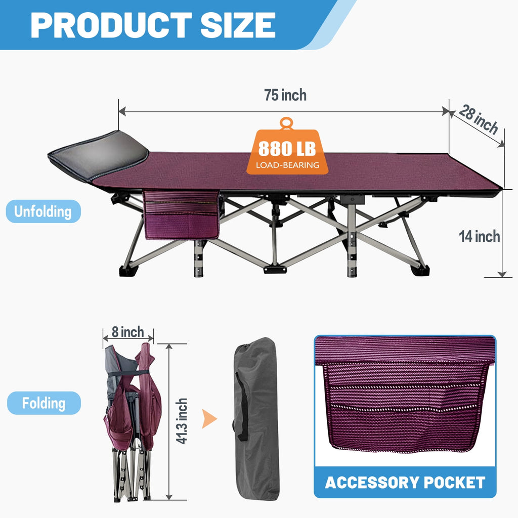 MOPHOTO 75" Portable Folding Bed for Adults, Rollaway Guest Bed Sleeping Cot with Mattress, Heavy Duty Outdoor Camping Cot with Carry Bag