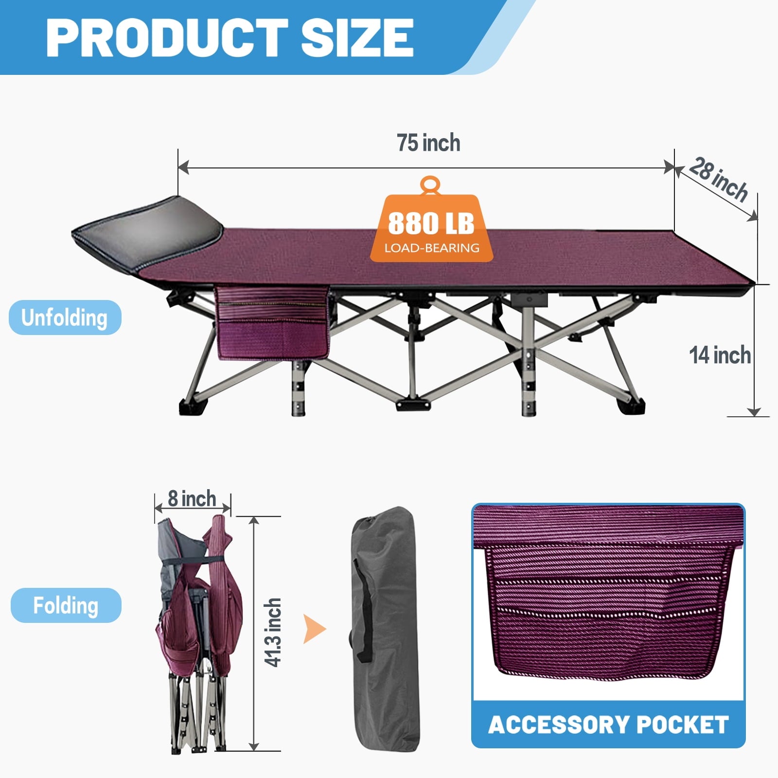 MOPHOTO 75" Portable Folding Bed for Adults, Rollaway Guest Bed Sleeping Cot with Mattress, Heavy Duty Outdoor Camping Cot with Carry Bag