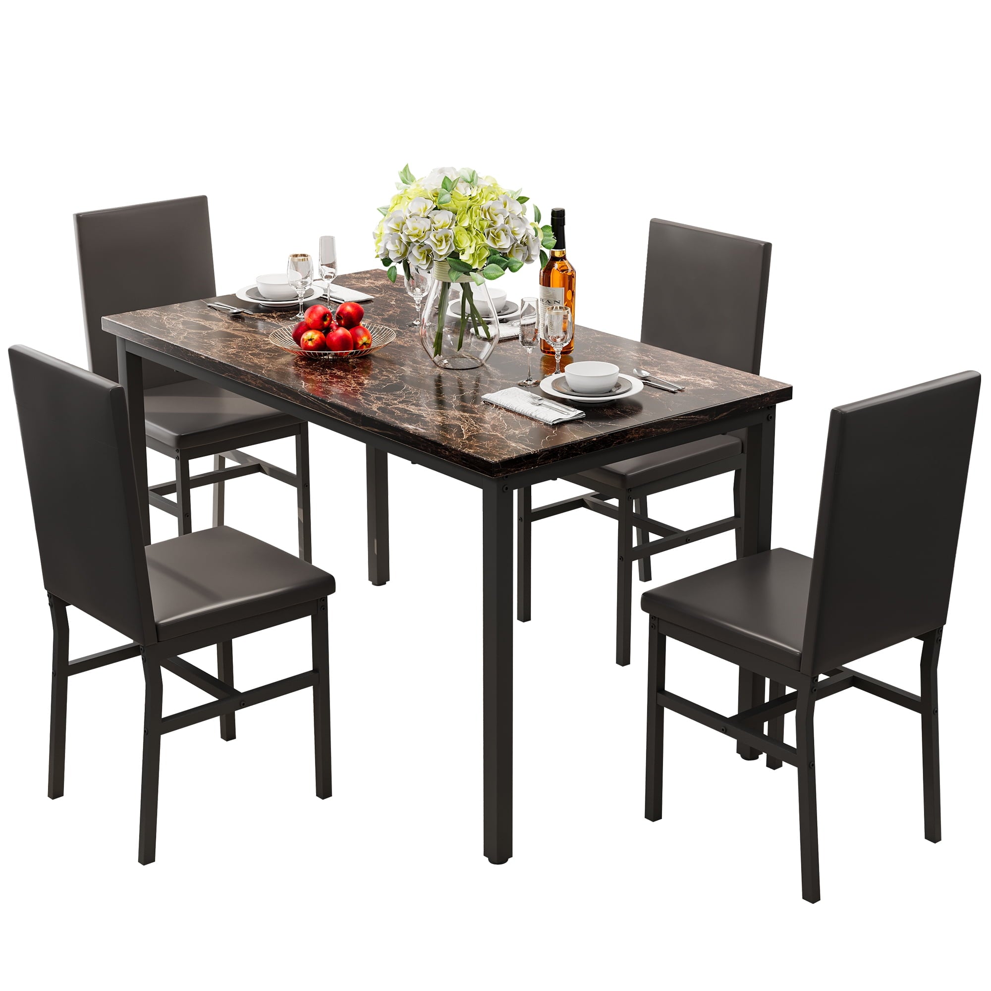 PAPROOS Dining Table Set for 4, Modern 5-Piece Kitchen Table Set with Faux Marble Top and Velvet Upholstery Chairs, Heavy Duty Dinette Sets for Breakfast Nook, Dining Room Table and Chairs, Gray