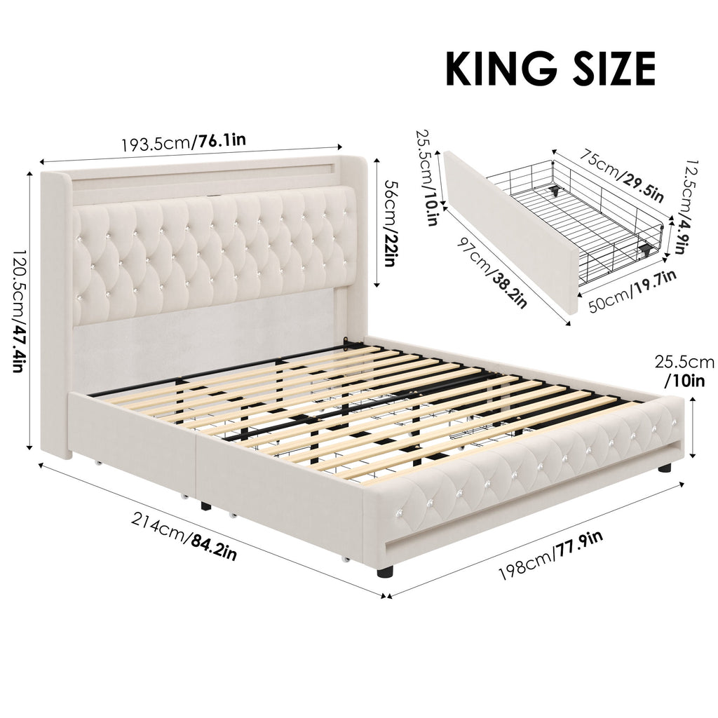 Homfa King Size LED Bed Frame with 4 Storage Drawers, Modern Wingback Crystal Button Tufted Upholstered Platform Bed Frame with Outlets and USB Ports & Display Platform, Beige