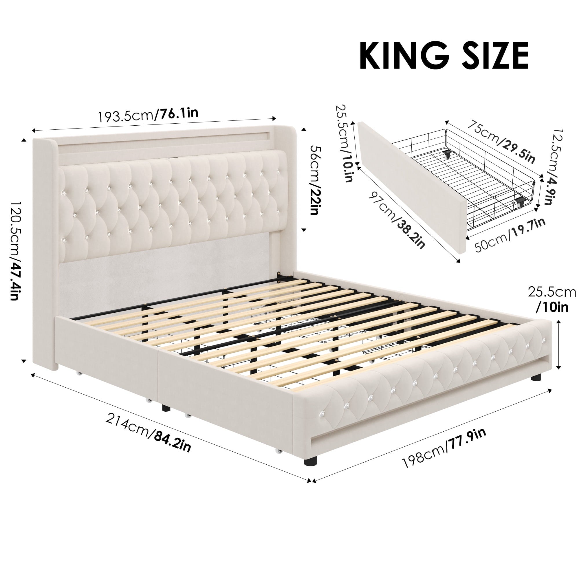 Homfa King Size LED Bed Frame with 4 Storage Drawers, Modern Wingback Crystal Button Tufted Upholstered Platform Bed Frame with Outlets and USB Ports & Display Platform, Beige