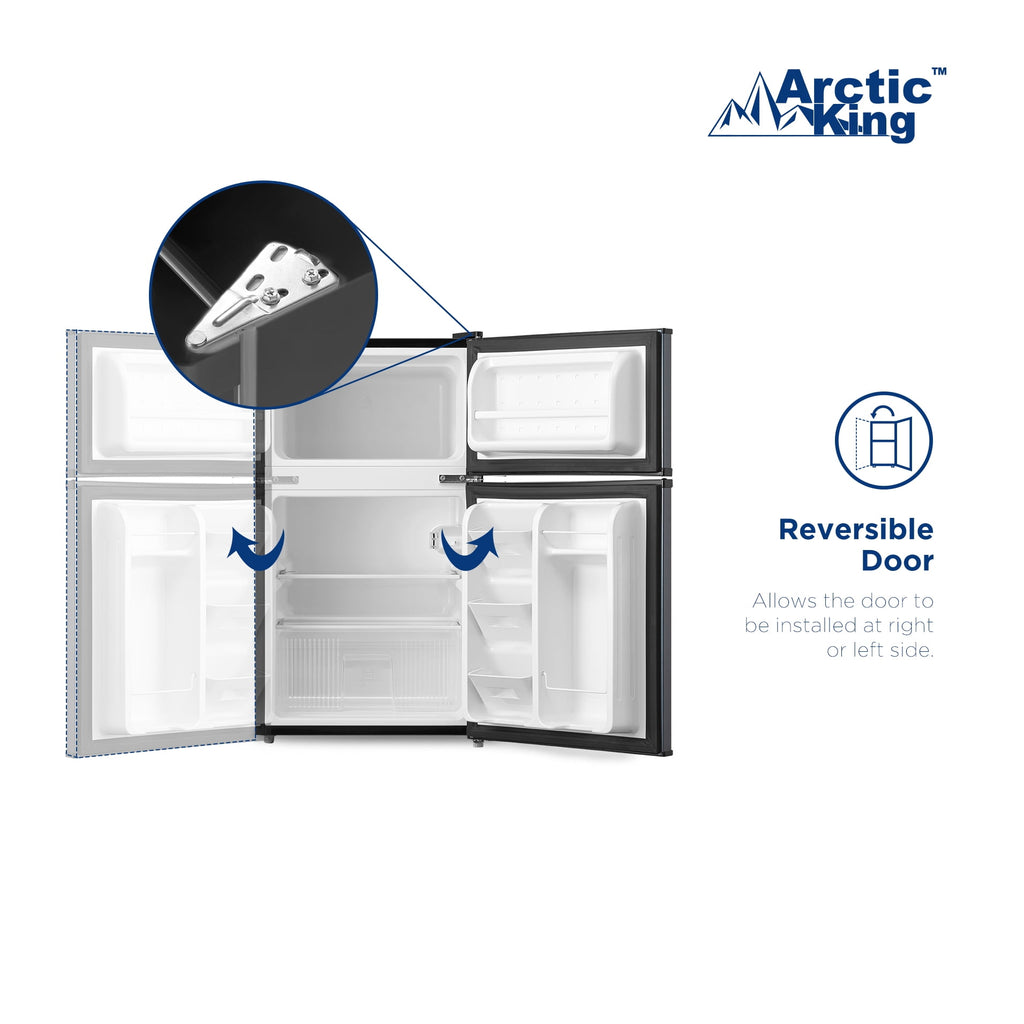 Arctic King 3.2 Cu ft Two Door Compact Refrigerator with Freezer, Stainless Steel, E-star