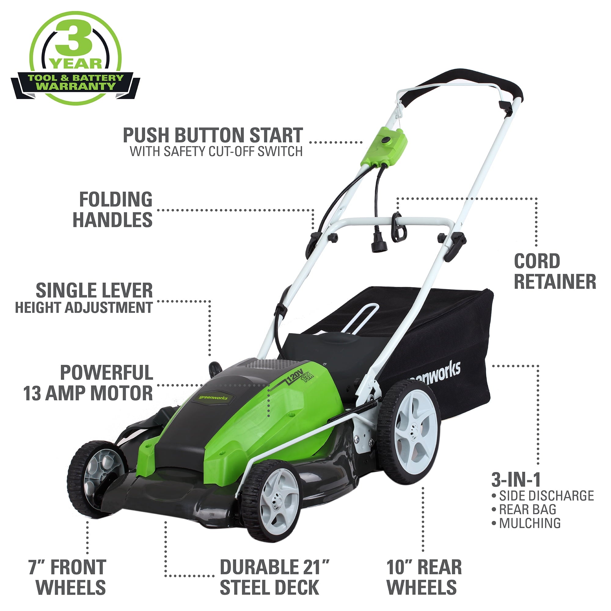Greenworks 13 Amp 21" Corded Electric Walk-Behind Push Lawn Mower 25112
