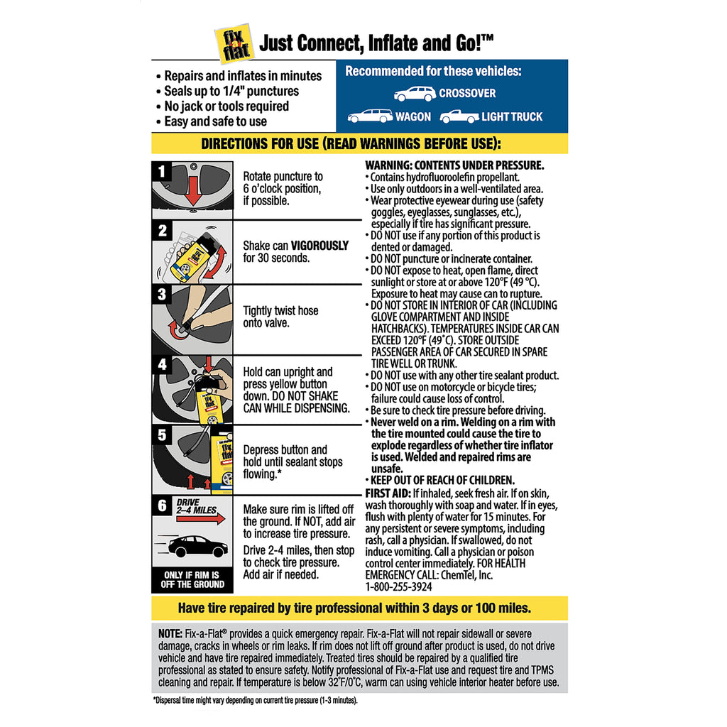 Fix-A-Flat Aerosol Emergency Flat Tire Repair and Inflator, for X-Large Tires, Eco-Friendly Formula, Universal Fit for All Cars, Trucks and SUVs, 24 oz. (Pack of 1)- S60369