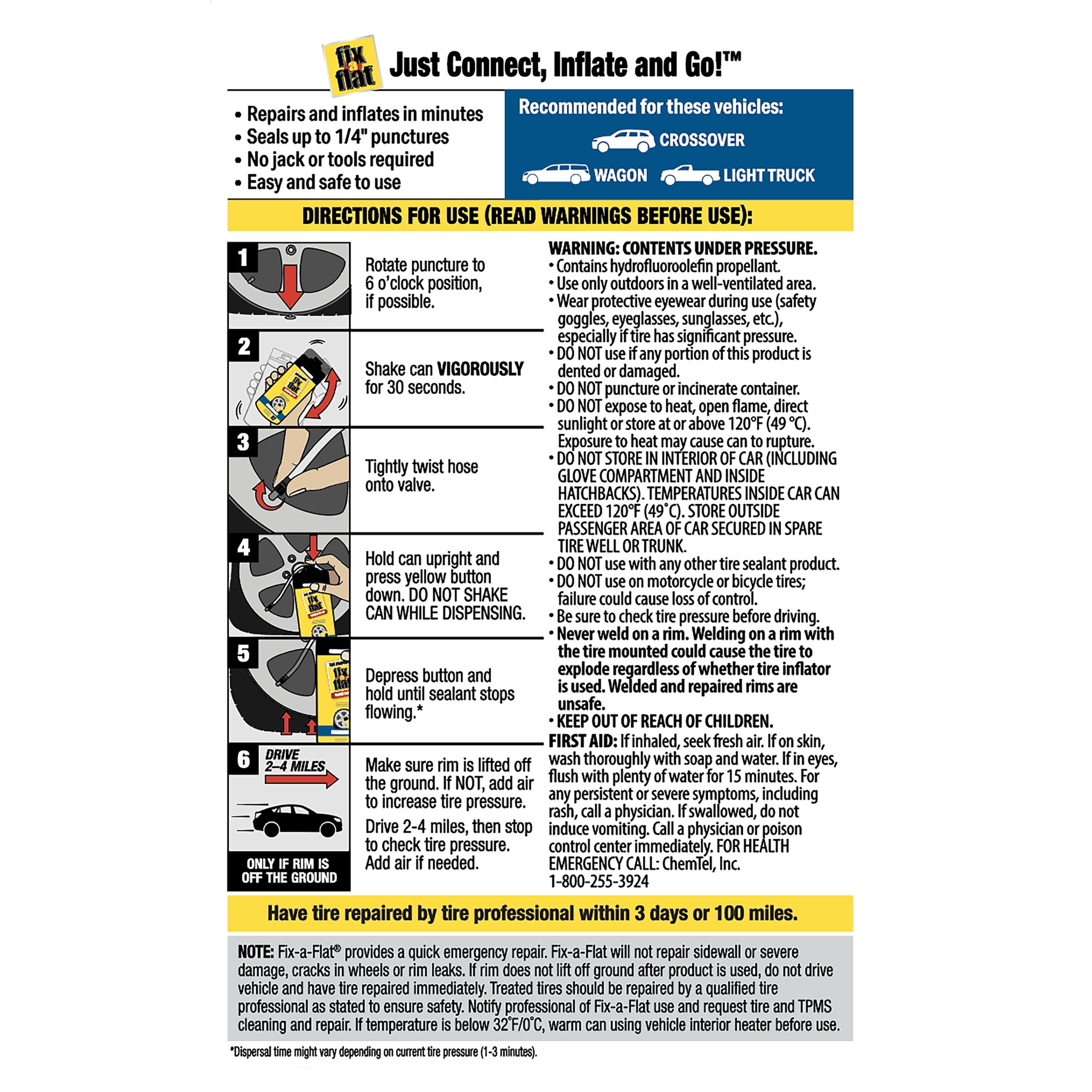 Fix-A-Flat Aerosol Emergency Flat Tire Repair and Inflator, for X-Large Tires, Eco-Friendly Formula, Universal Fit for All Cars, Trucks and SUVs, 24 oz. (Pack of 1)- S60369