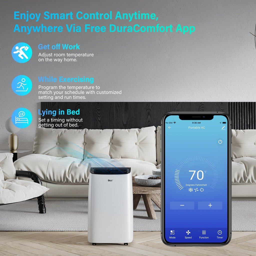 DuraComfort Portable Air Conditioners, 12000 BTU(Ashrae) Quiet AC Unit, Built-in Dehumidifier and Fan Modes, White