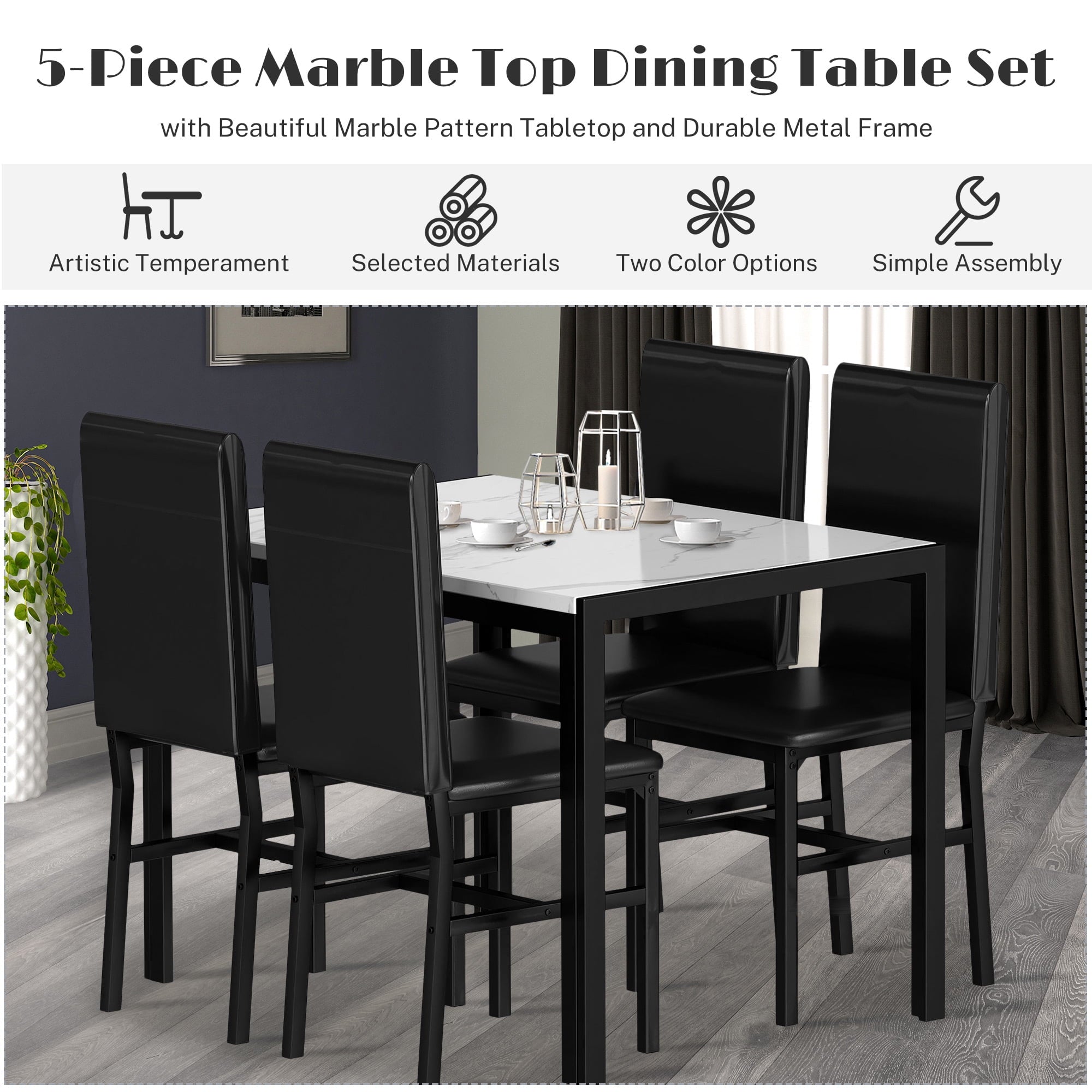 PAPROOS Dining Table Set for 4, Modern 5-Piece Kitchen Table Set with Faux Marble Top and Velvet Upholstery Chairs, Heavy Duty Dinette Sets for Breakfast Nook, Dining Room Table and Chairs, Gray