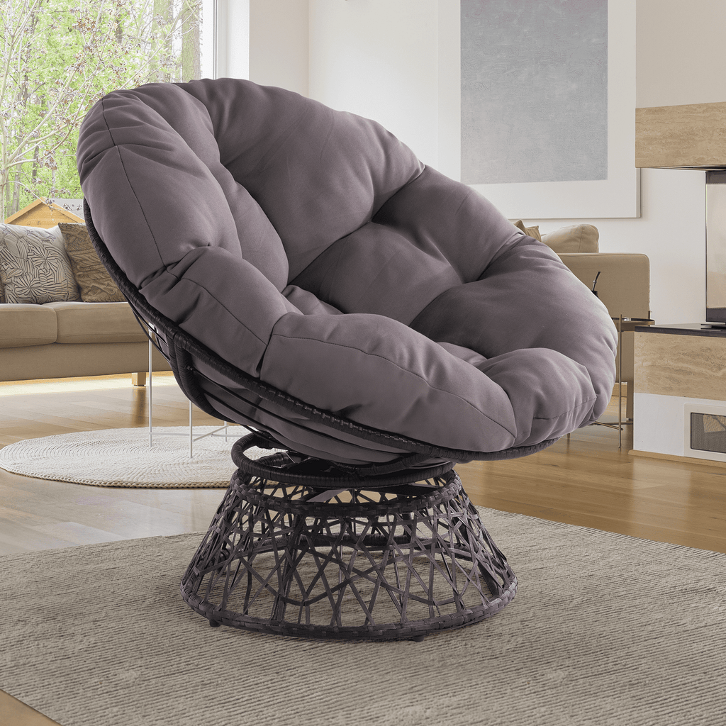 Bme 360 Swivel Comfy Papasan Chair with Fabric Cushion, Sturdy Metal Frame (Cream Vanilla - Black Frame)
