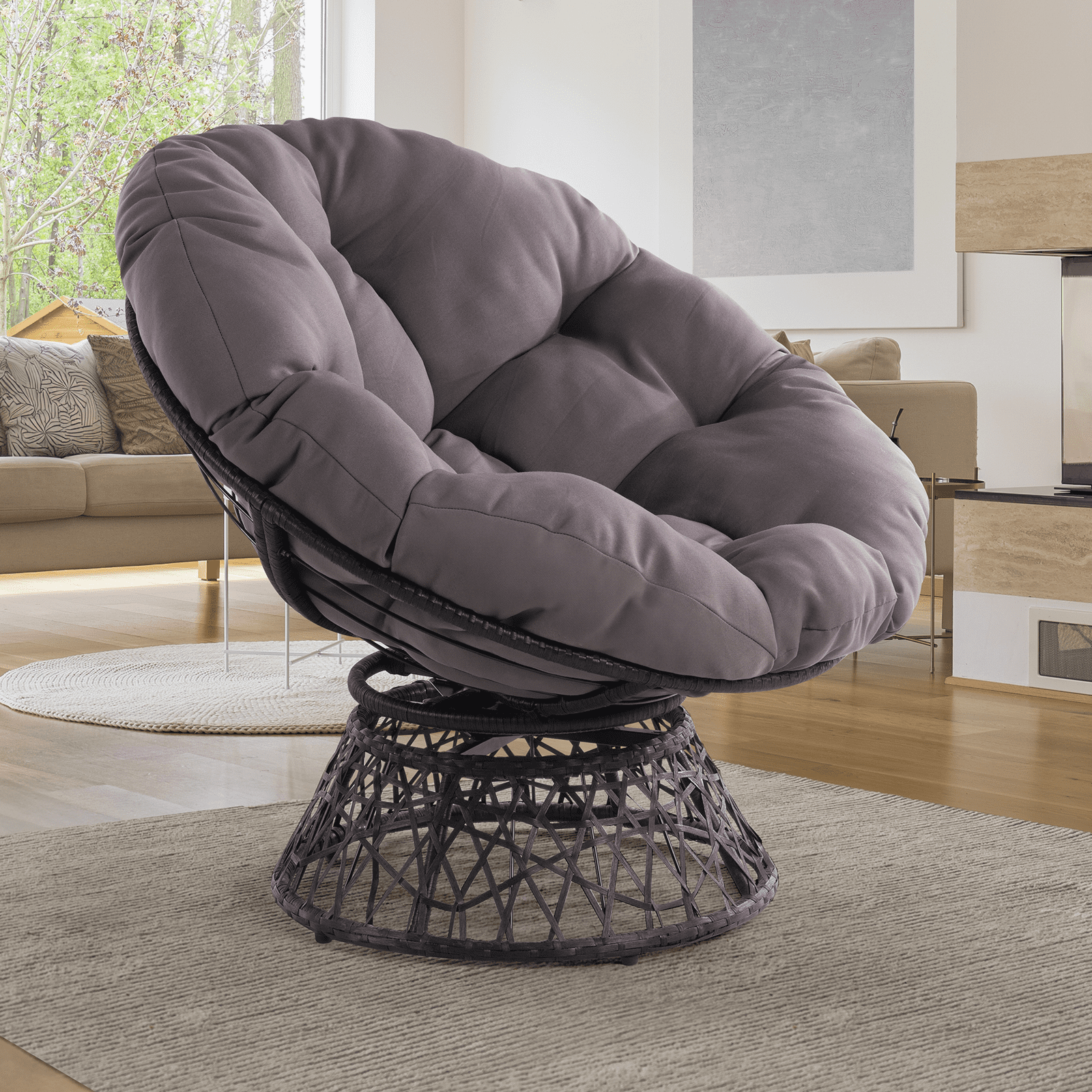 Bme 360 Swivel Comfy Papasan Chair with Fabric Cushion, Sturdy Metal Frame (Cream Vanilla - Black Frame)