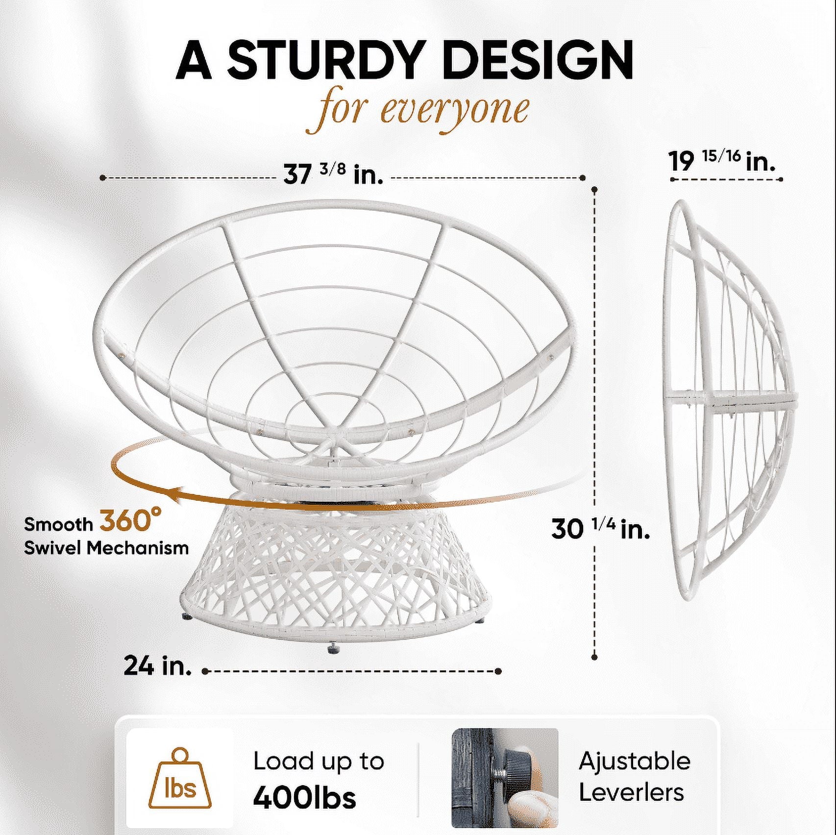 Bme 360 Swivel Comfy Papasan Chair with Fabric Cushion, Sturdy Metal Frame (Cream Vanilla - Black Frame)