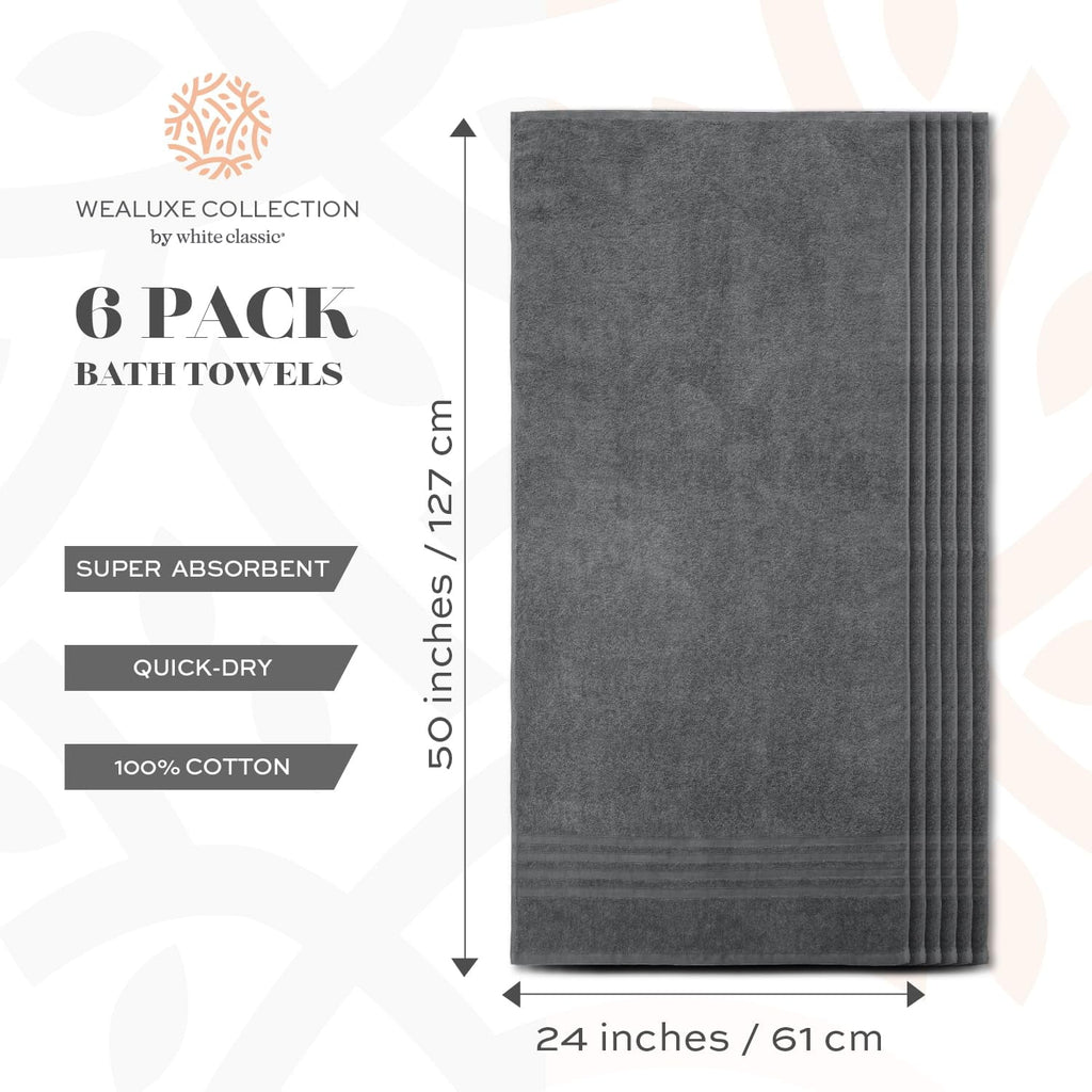 Wealuxe Cotton Bath Towels - 24x50 Inch - Lightweight Soft and Absorbent Gym Pool Towel - 6 Pack - White